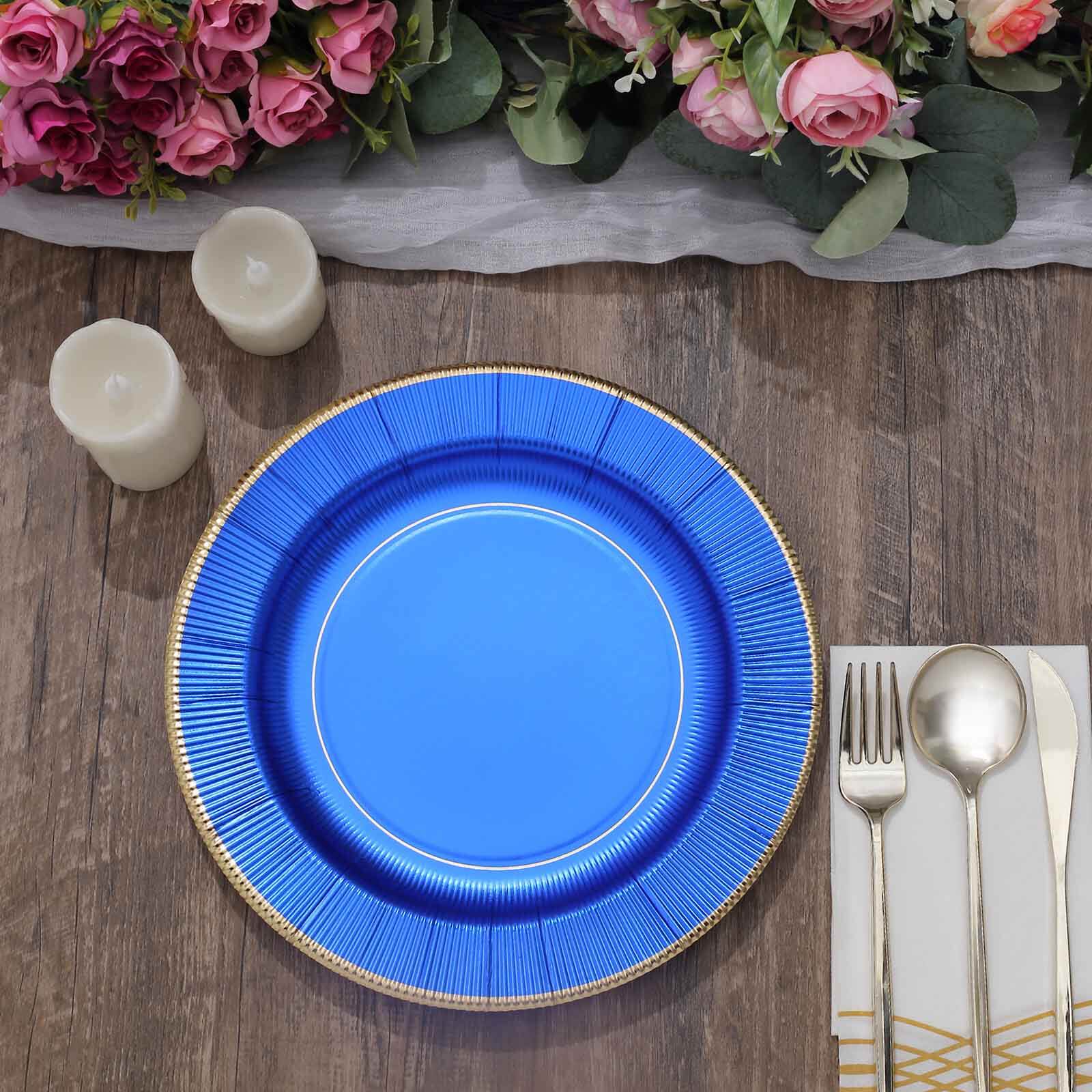 25-Pack Paper 10" Round Dinner Plates in Royal Blue Sunray Design with Gold Rim - Disposable Heavy Duty 350GSM Party Plates