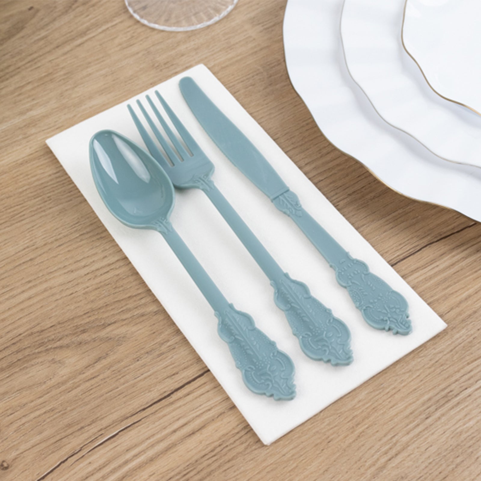 72 Pcs Plastic Silverware Set in Baroque Style Dusty Blue - Heavy Duty Disposable Knife, Fork, and Spoon Set