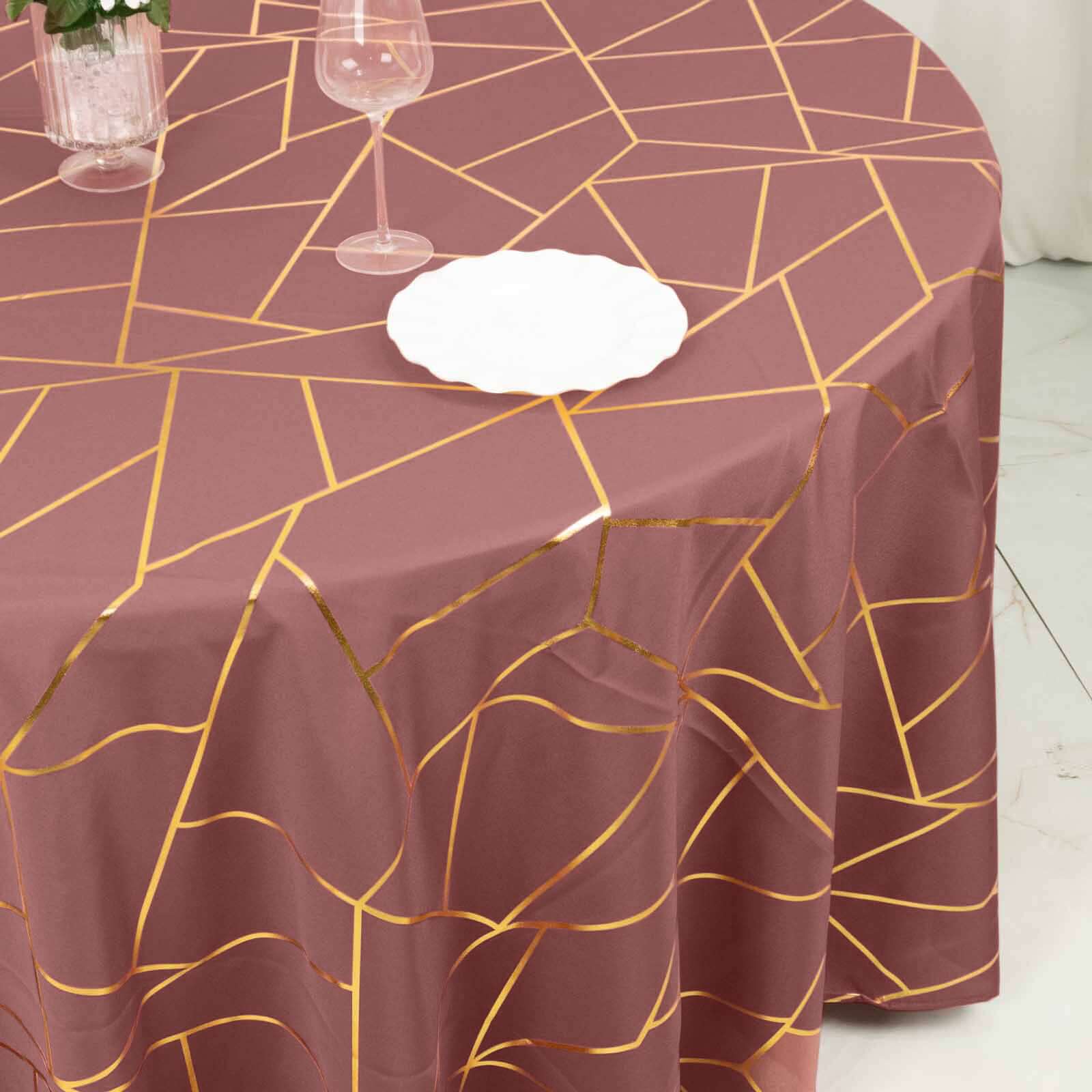 Polyester 120" Round Tablecloth Cinnamon Rose with Gold Foil Geometric Pattern Wrinkle-Resistant Seamless Table Cover