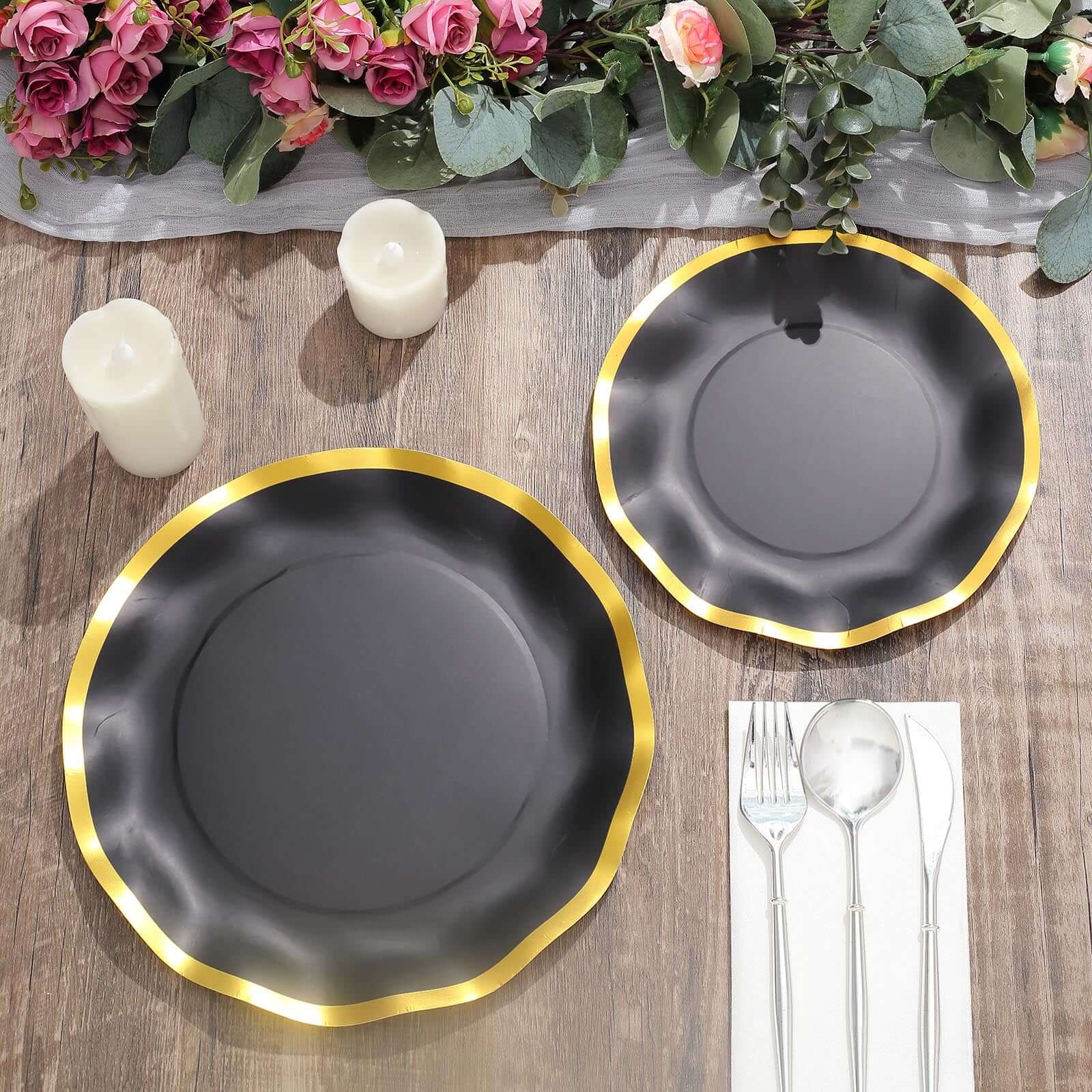 25-Pack Paper Round Dessert Plates 8" Matte Black with Gold Wavy Rim - Disposable 350GSM Salad Plates