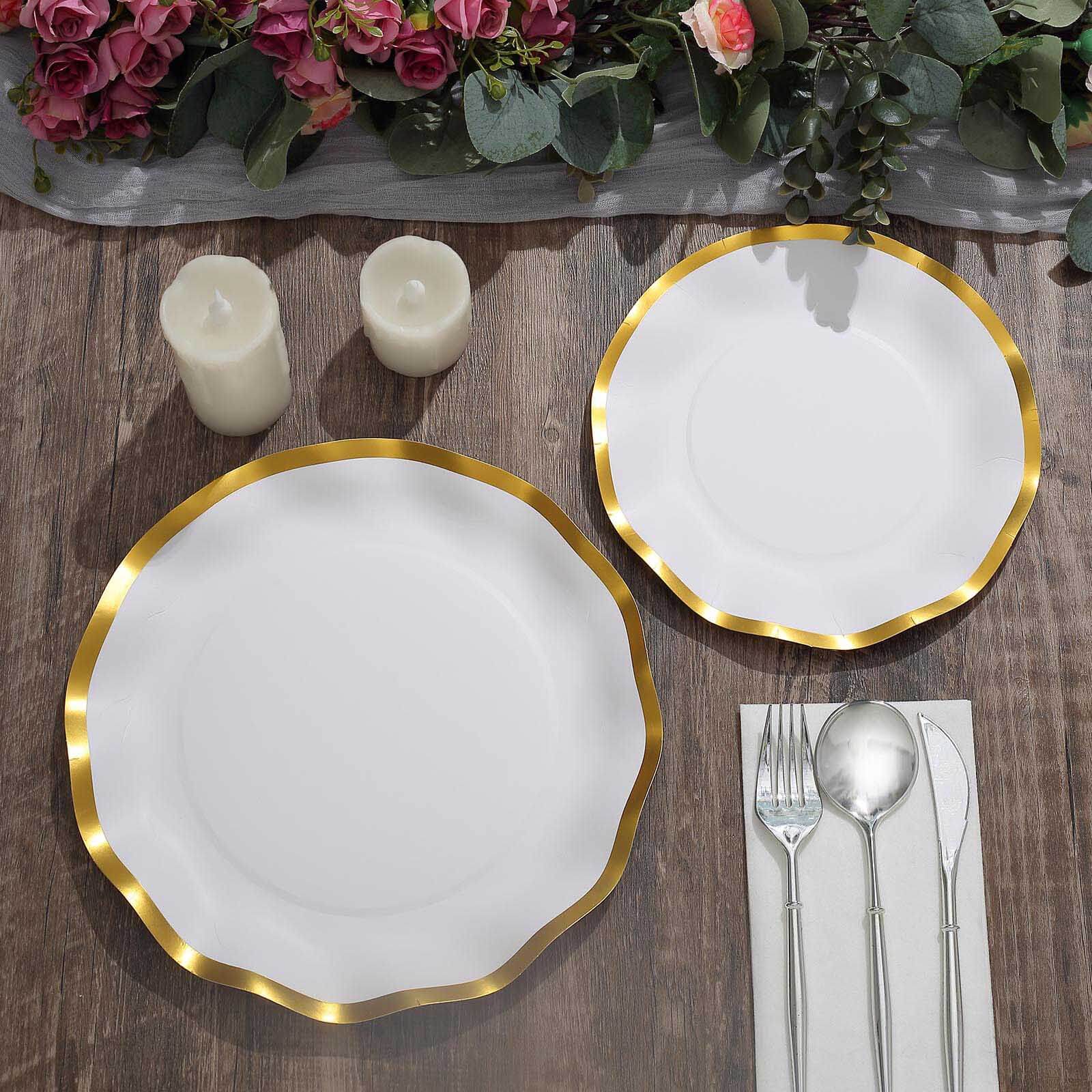 25-Pack Paper Round Dinner Plates 10" Matte White with Gold Wavy Rim - Disposable 350GSM Party Plates for Banquets & Upscale Gatherings