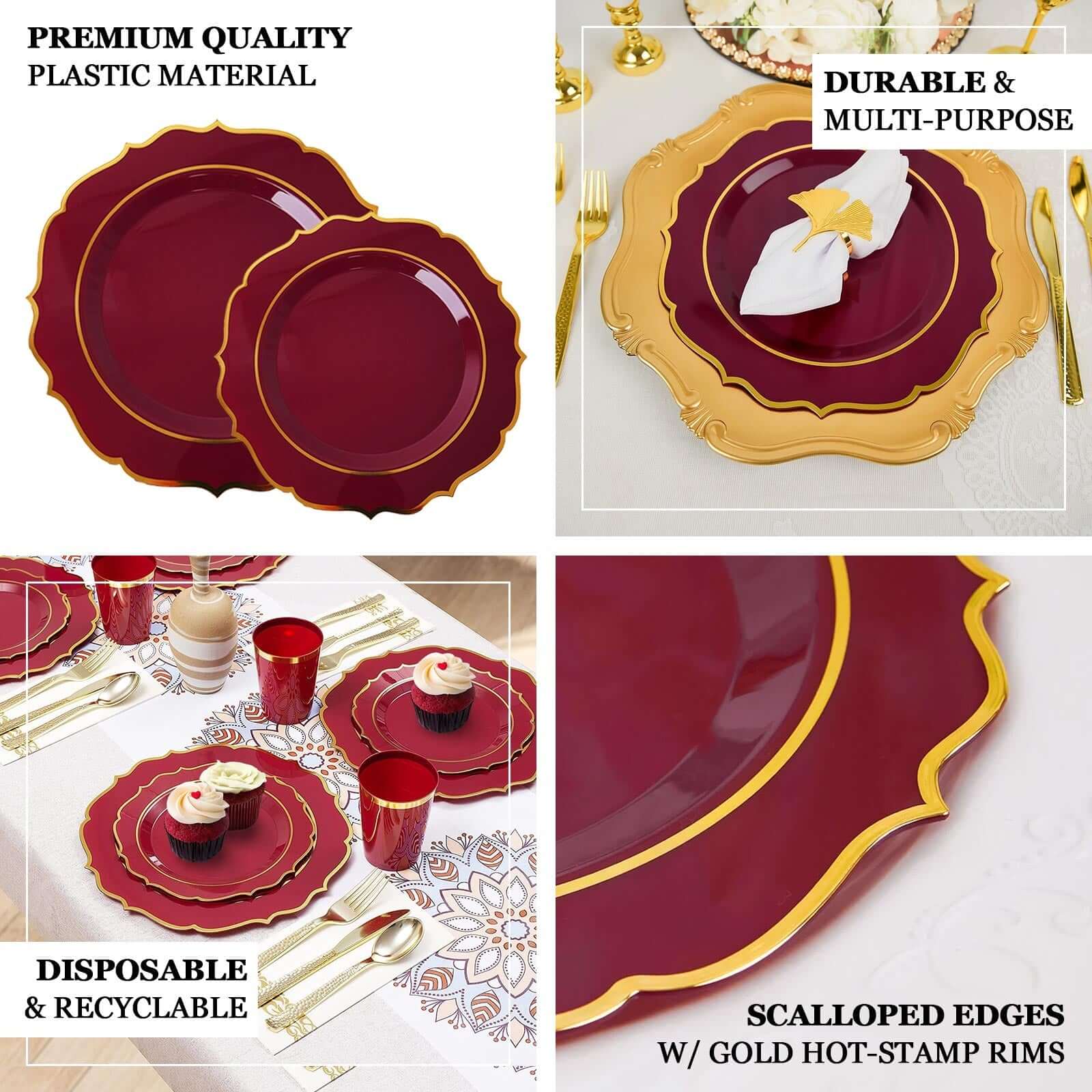 10-Pack Plastic 8" Round Desert Plates in Burgundy with Gold Scalloped Rim - Disposable Appetizer/Salad Plates