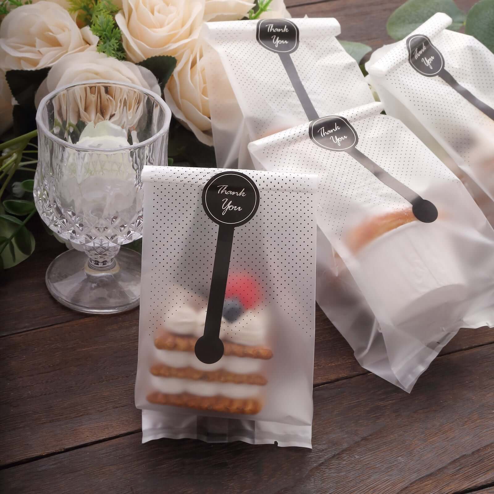 50 Pack Clear Black Dotted Plastic Goodie Gift Bags with "Thank You" Paper Stickers, Rectangular Party Favor Candy Treat Bags - 3"x9"