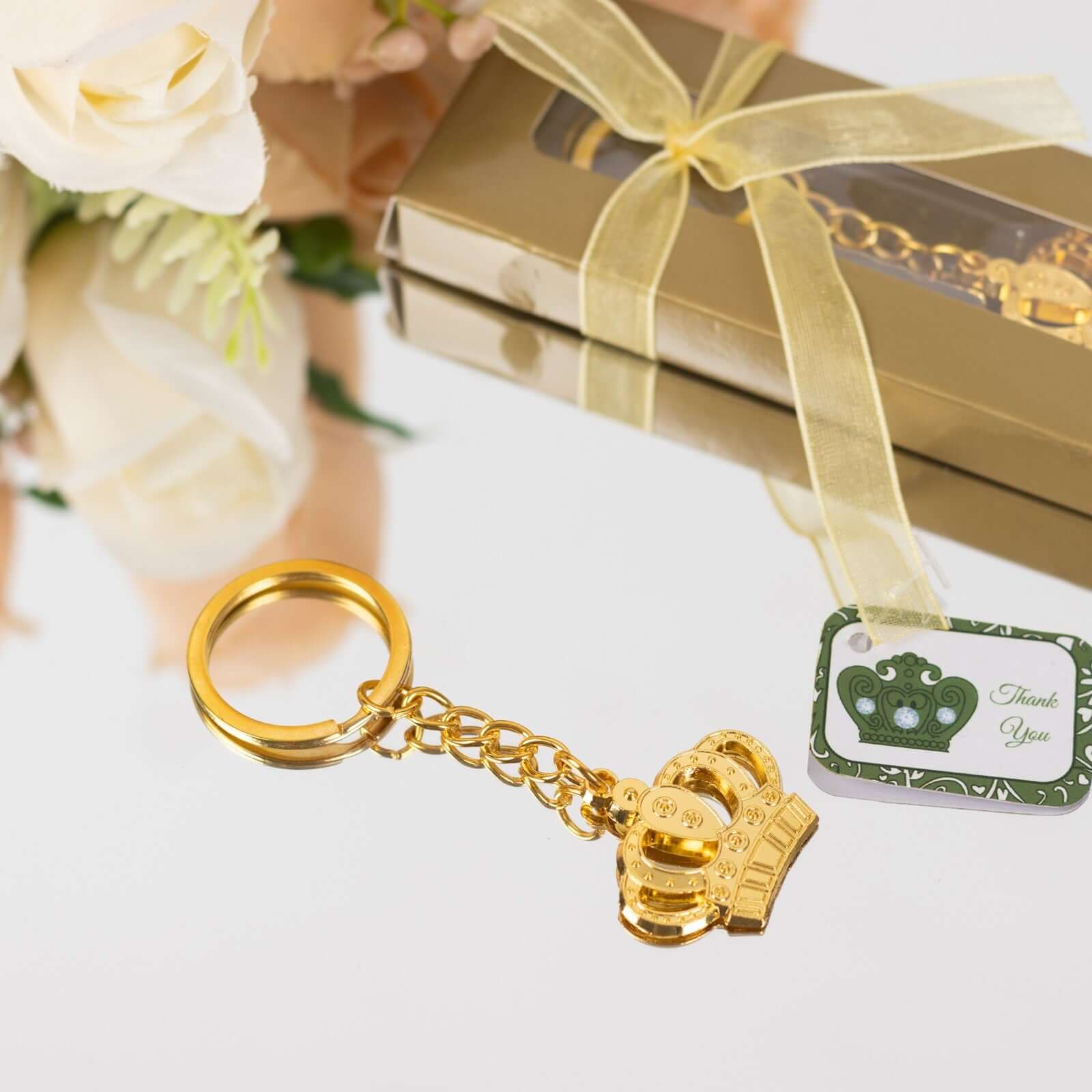 5 Pack Gold Metal Princess Crown Keychain Party Favor Souvenir, 3" Pre-Packed Wedding Bridal Shower Favor Gift Box With Ribbon & Thank You Tag