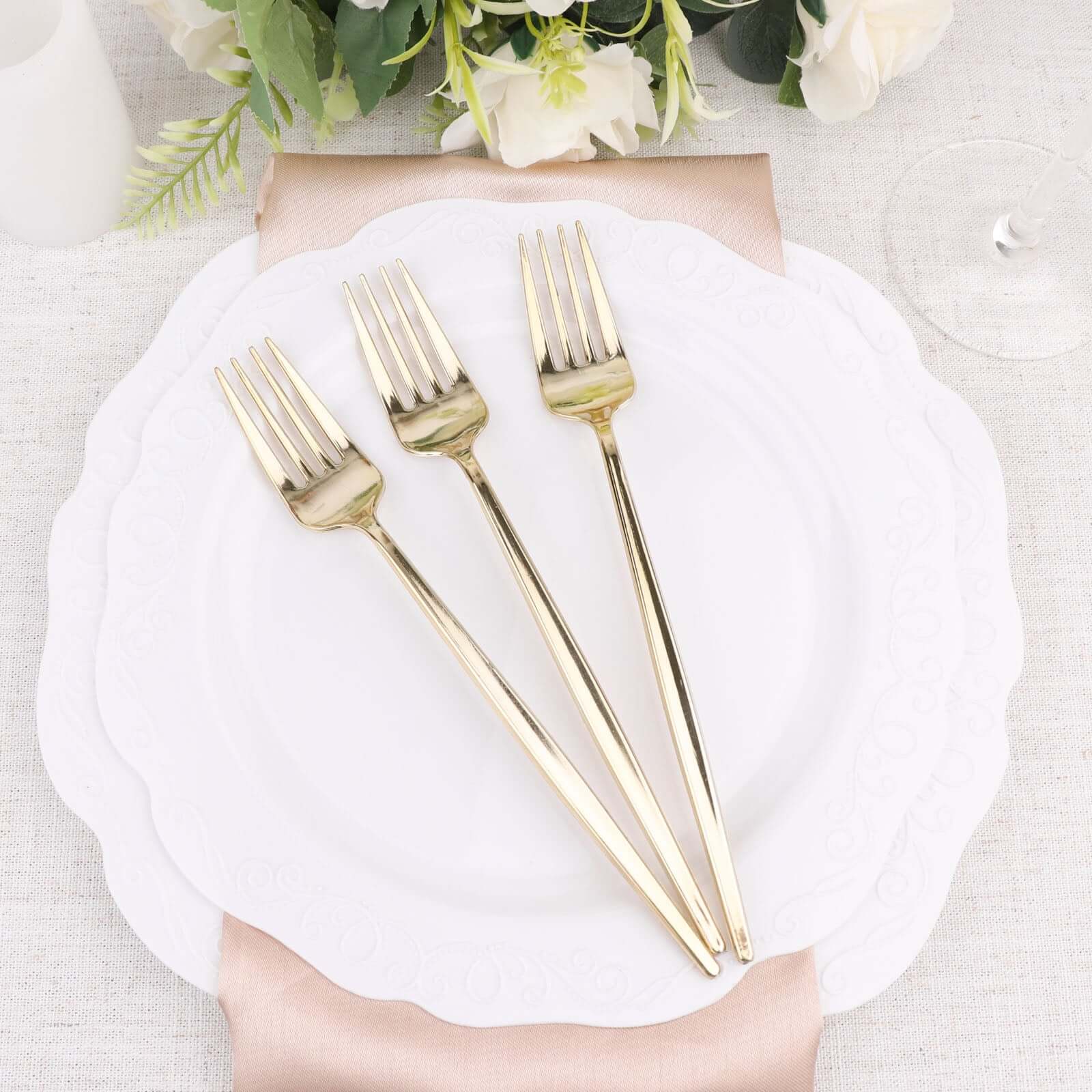24 Pack 8" Glossy Gold Heavy Duty Plastic Silverware Forks Cutlery, Premium Disposable Sleek Flatware
