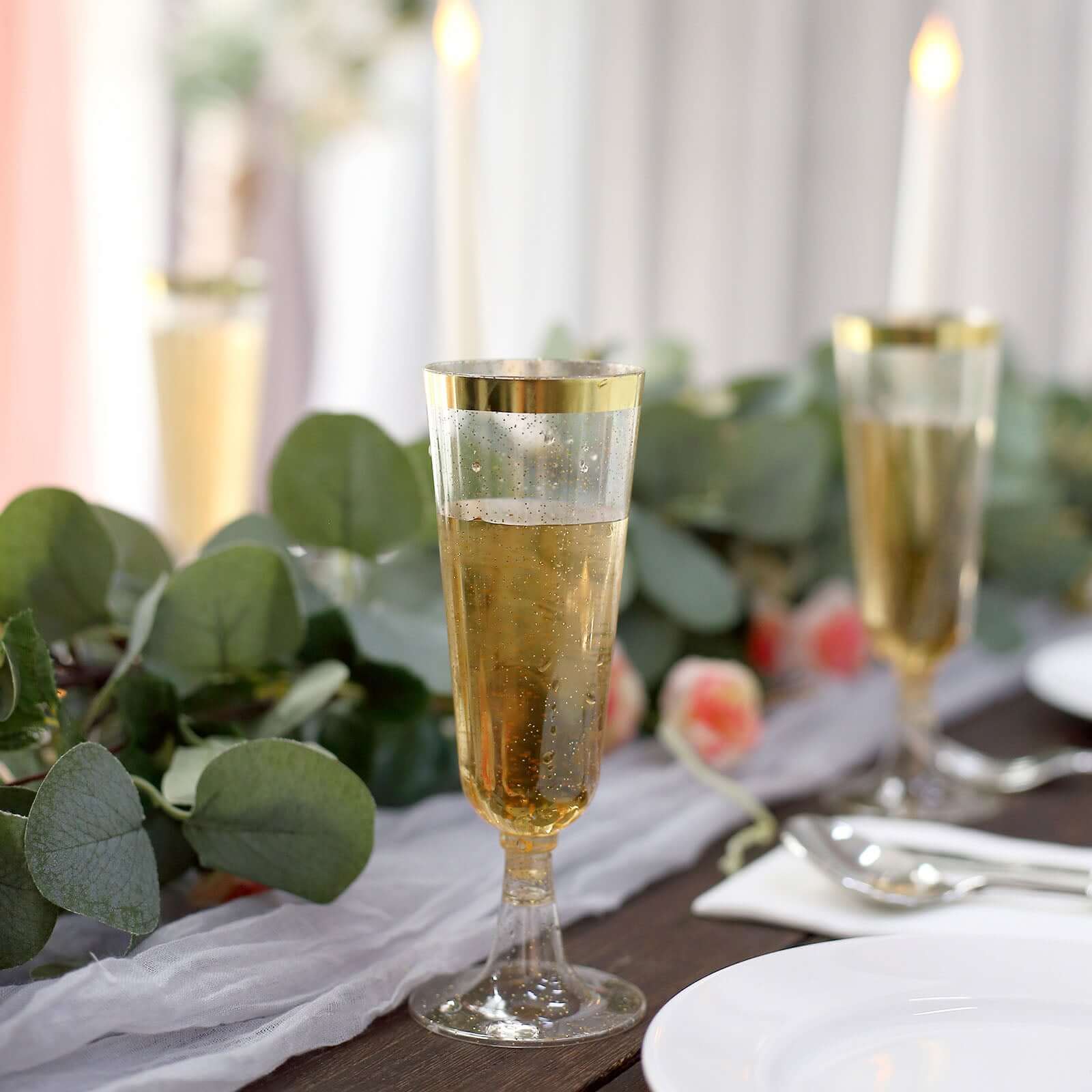 12-Pack Plastic Champagne Flutes Clear Gold Glittered with Gold Rim - Stylish Disposable Cocktail Glasses for Parties 5oz 6"