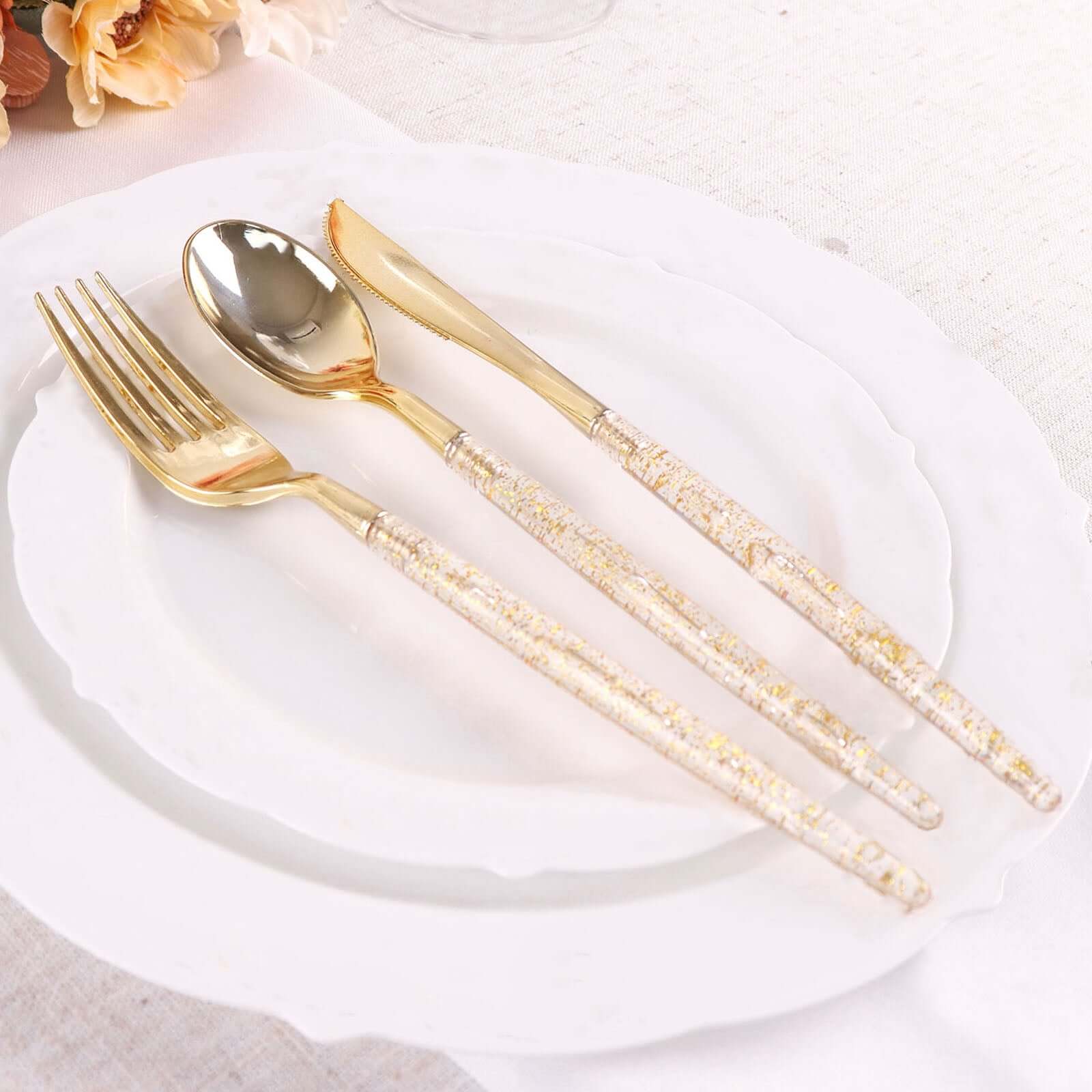 24-Pack Plastic Cutlery Set Metallic Gold with Gold Glitter - Stylish Disposable Silverware-Pack 8"