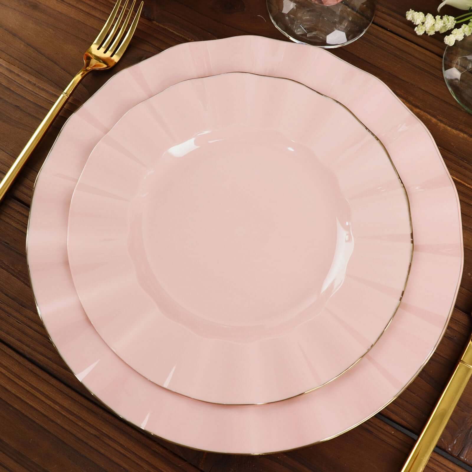 10-Pack Plastic 9" Round Dinner Plates in Blush Ruffled Rim with Gold Edging - Sturdy Disposable Dinnerware