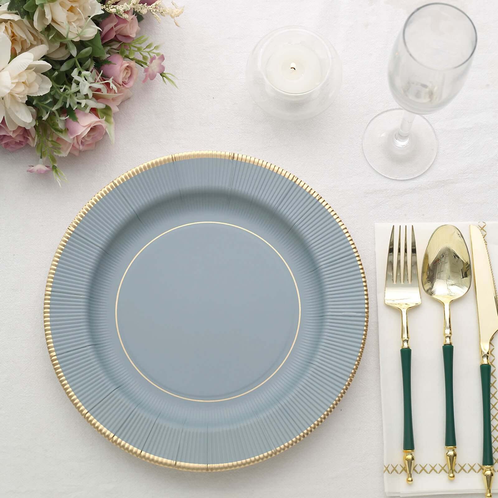 25-Pack Paper 10" Round Dinner Plates in Dusty Blue Sunray Design with Gold Rim - Disposable Heavy Duty 350GSM Party Plates