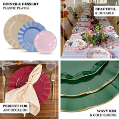 10-Pack Plastic Round 6" Dessert Plates in Purple Ruffled Rim with Gold Edging - Sturdy Disposable Salad Appetizer Dinnerware