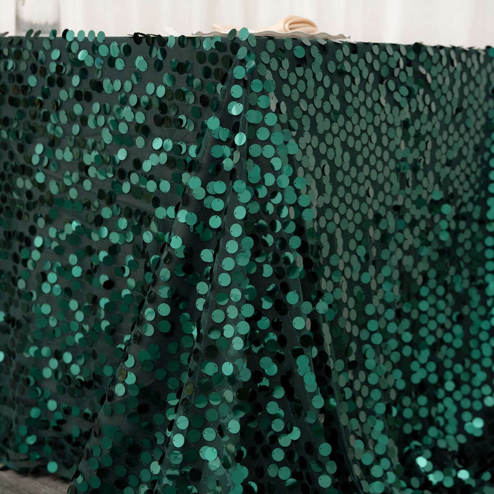 Sequin 90"x156" Rectangle Tablecloth Hunter Emerald Green - Seamless Big Payette Table Cover