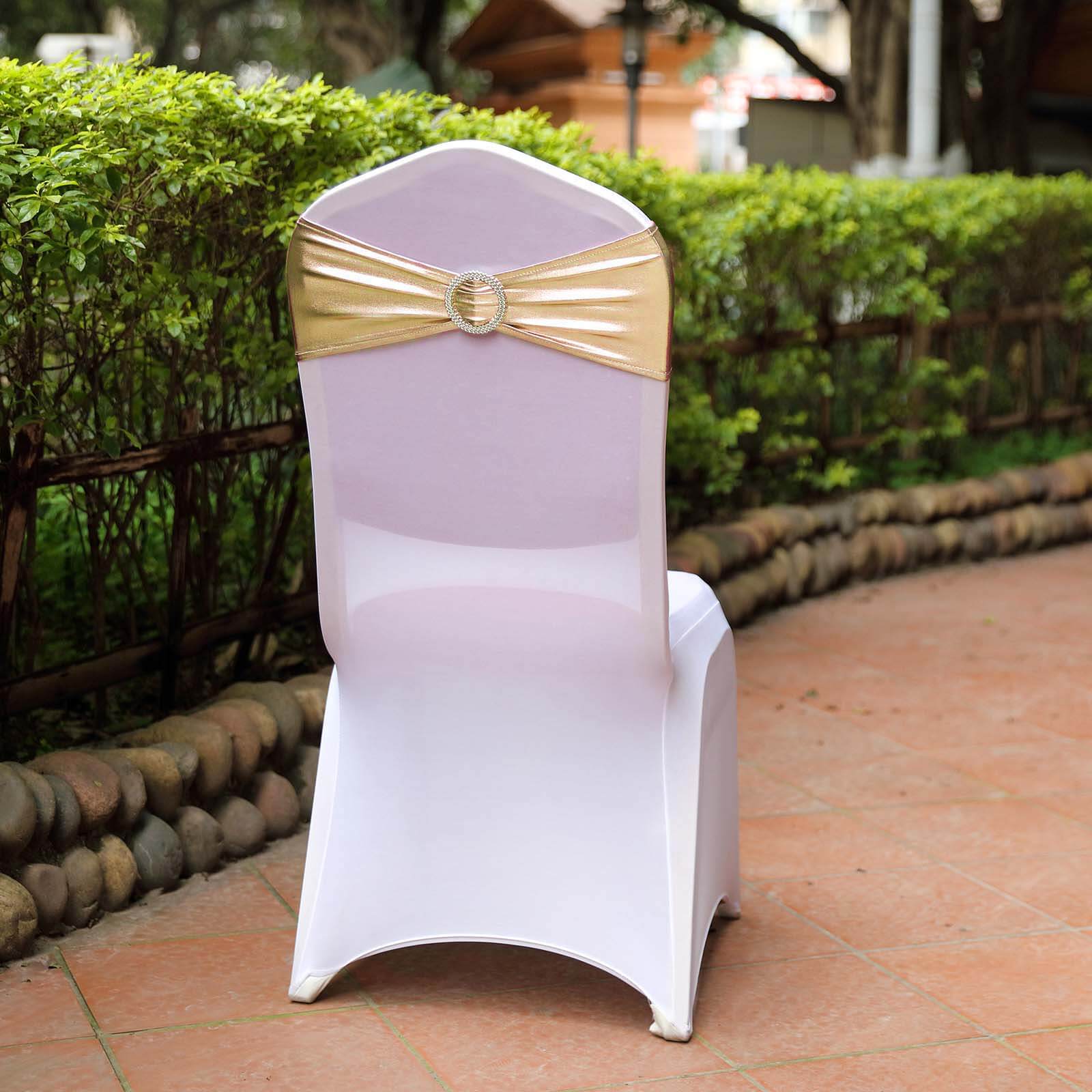 5 Pack Metallic Spandex Chair Sashes Champagne - Stretch Fit Chair Bands With Round Diamond Buckles