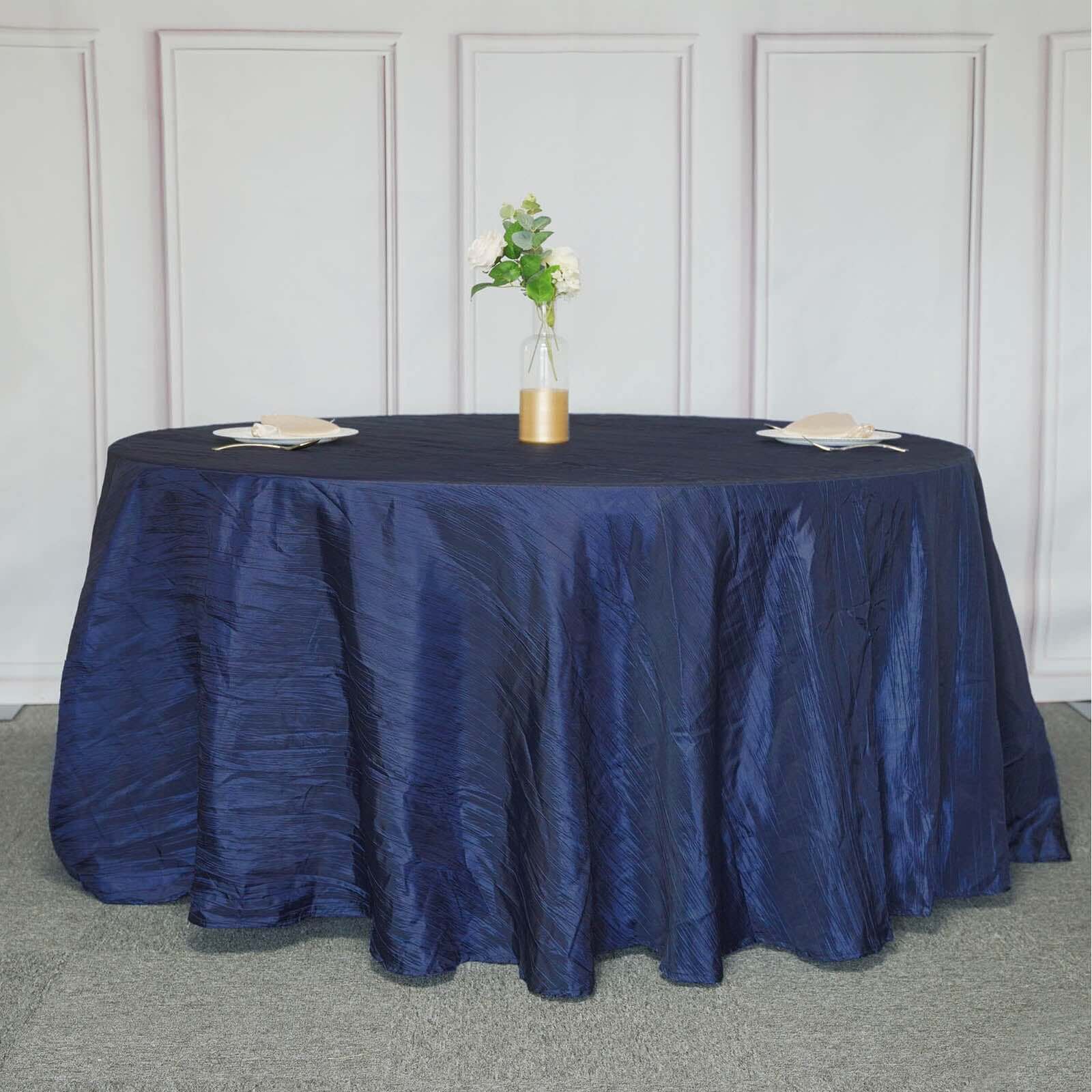 Taffeta 120" Round Tablecloth Navy Blue - Seamless Accordion Crinkle Table Cover