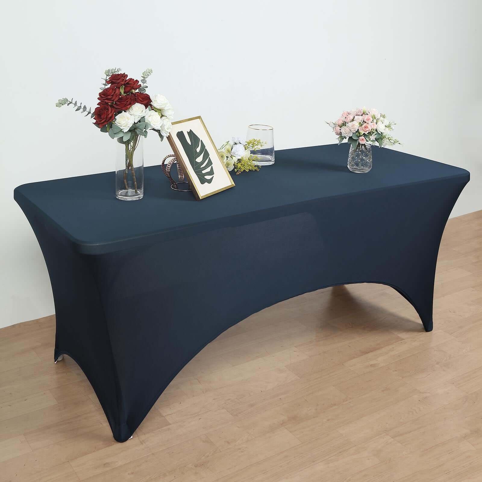 Stretch Spandex 96"x30" Rectangle Table Cover Navy Blue with Curved Open Back Design Tailored Professional Look