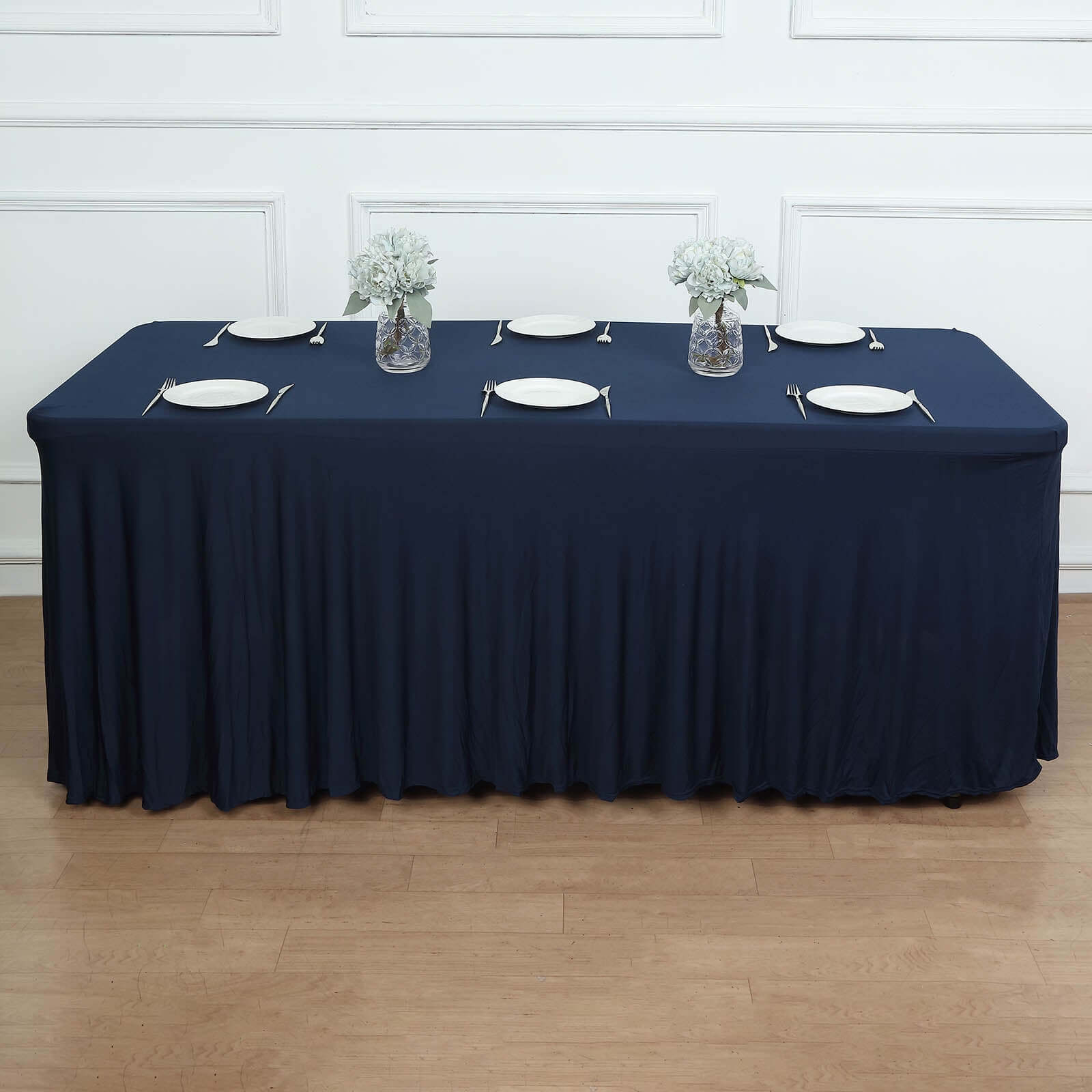 Spandex Rectangle 72"x30" Table Skirt Navy Blue with Wavy Skirt-Like Effect Table Cover
