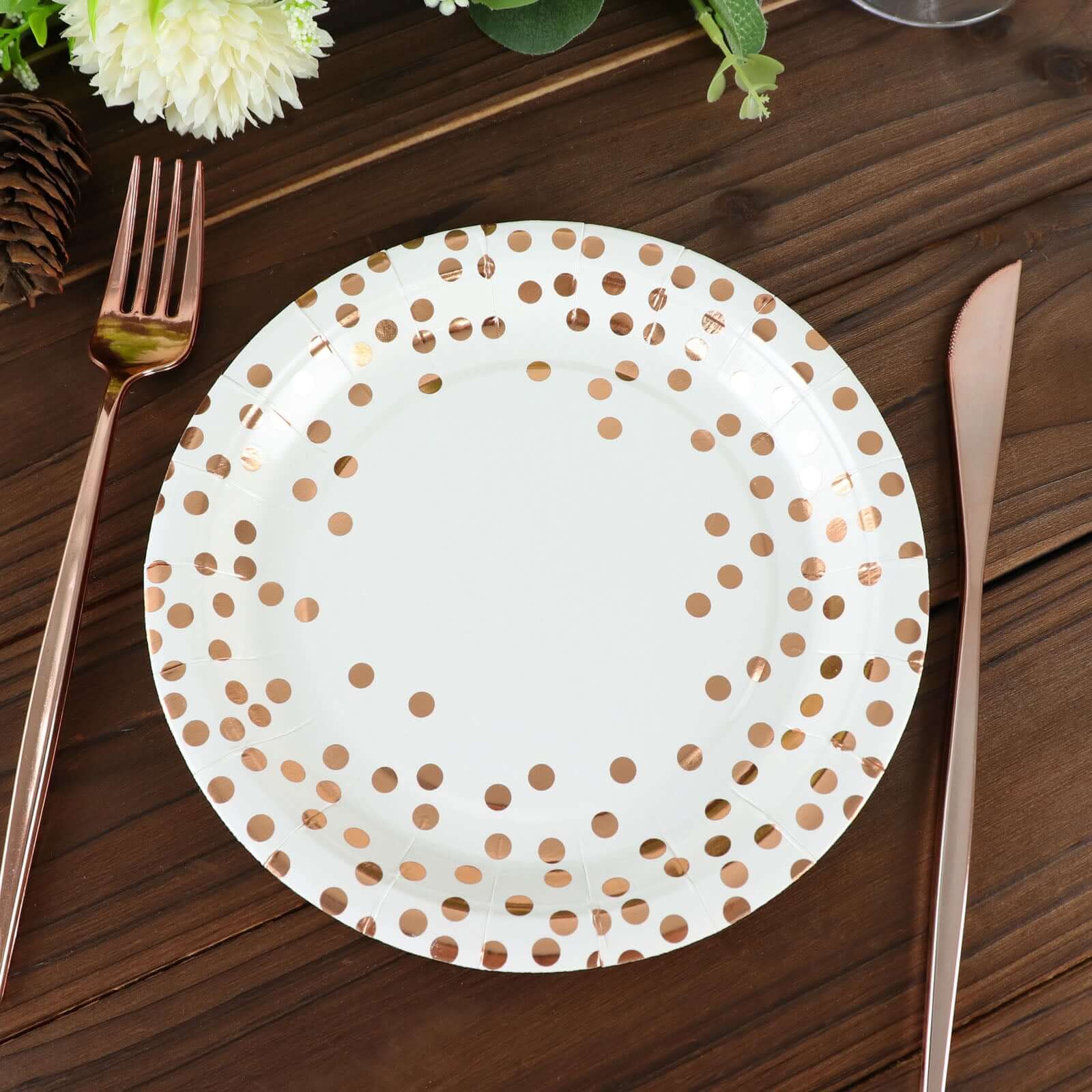 25 Pack 7" White Rose Gold Polka Dot Dessert Appetizer Paper Plates, Disposable Salad Party Plates - 300 GSM