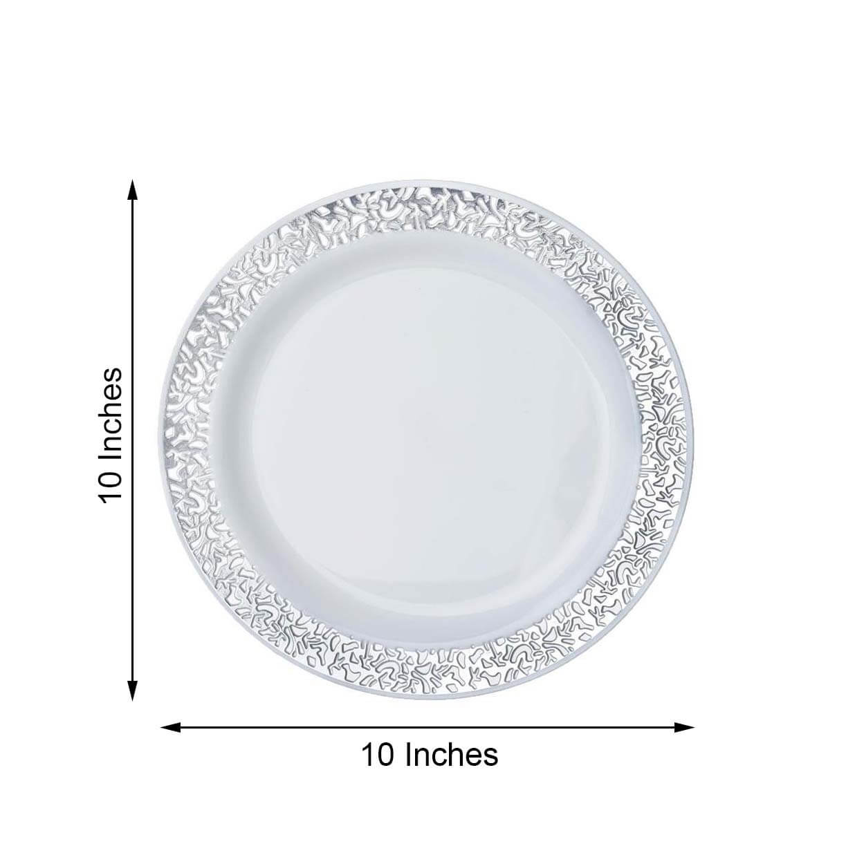 10-Pack Plastic Dinner Plates White with Fancy Silver Lace Rim - Stylish Disposable Plates for Events 10"