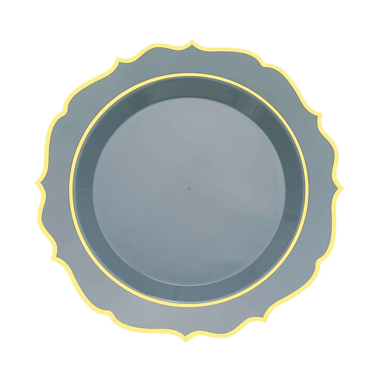 10-Pack Plastic 8" Round Desert Plates in Dusty Blue with Gold Scalloped Rim - Disposable Appetizer/Salad Plates