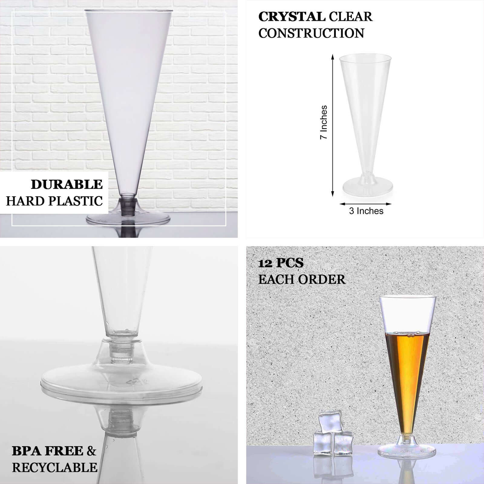 12-Pack Plastic Champagne Flutes Trumpet Clear - Durable Disposable Toasting Glasses 7oz