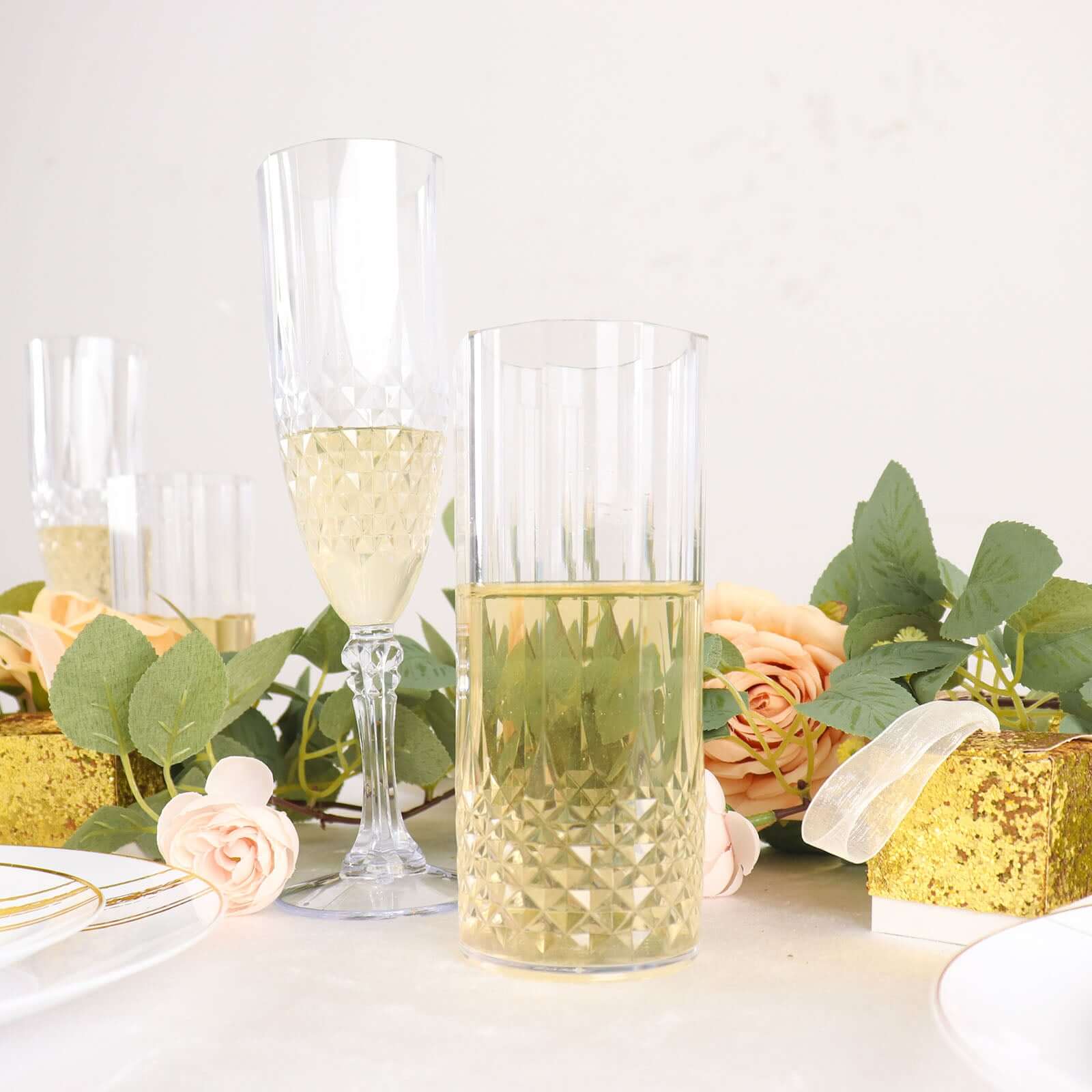 6-Pack Plastic Cocktail Tumblers Clear Transparent Crystal Cut Style - Shatterproof Highball Glasses 14oz