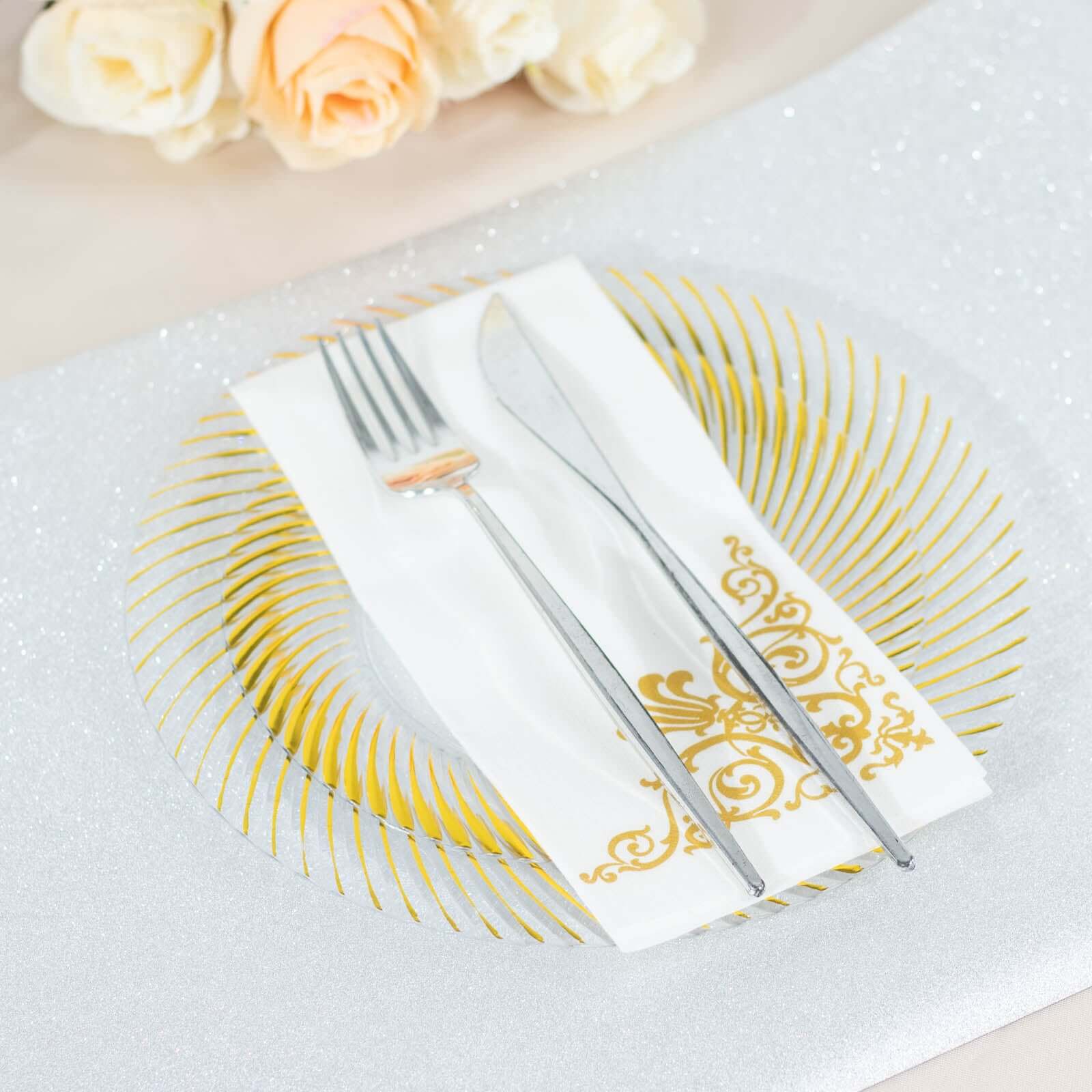 10-Pack Plastic 7" Round Dessert Plates in Clear with Gold Swirl Rim
