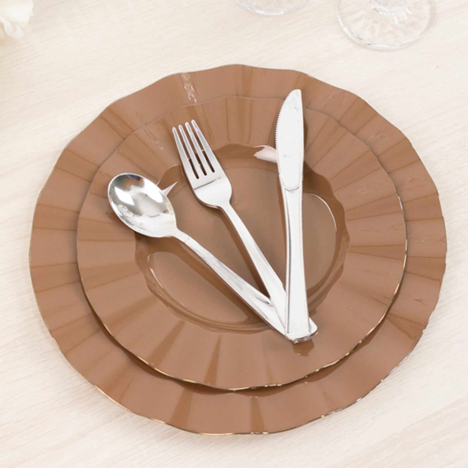 10-Pack Plastic 9" Round Dinner Plates in Coffee Brown Ruffled Rim with Gold Edging - Sturdy Disposable Dinnerware