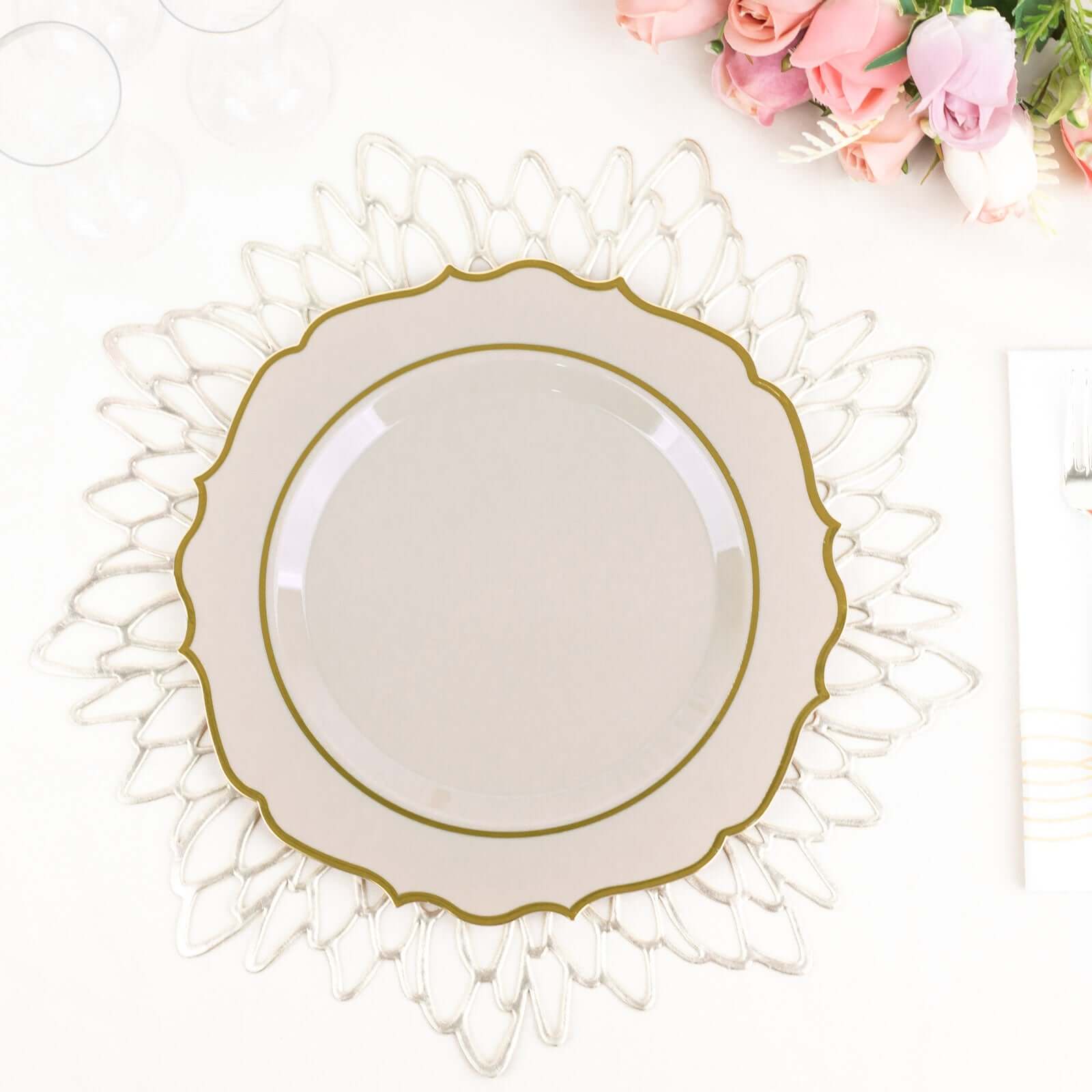 10-Pack Plastic 8" Round Desert Plates in Taupe with Gold Scalloped Rim - Disposable Appetizer/Salad Plates