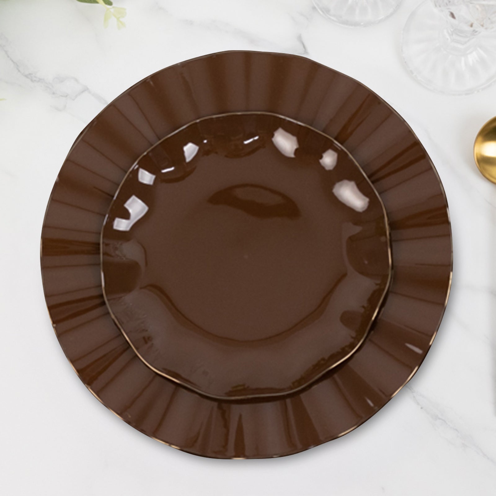 10-Pack Plastic Round 6" Dessert Plates in Cinnamon Brown Ruffled Rim with Gold Edging - Sturdy Disposable Salad Appetizer Dinnerware