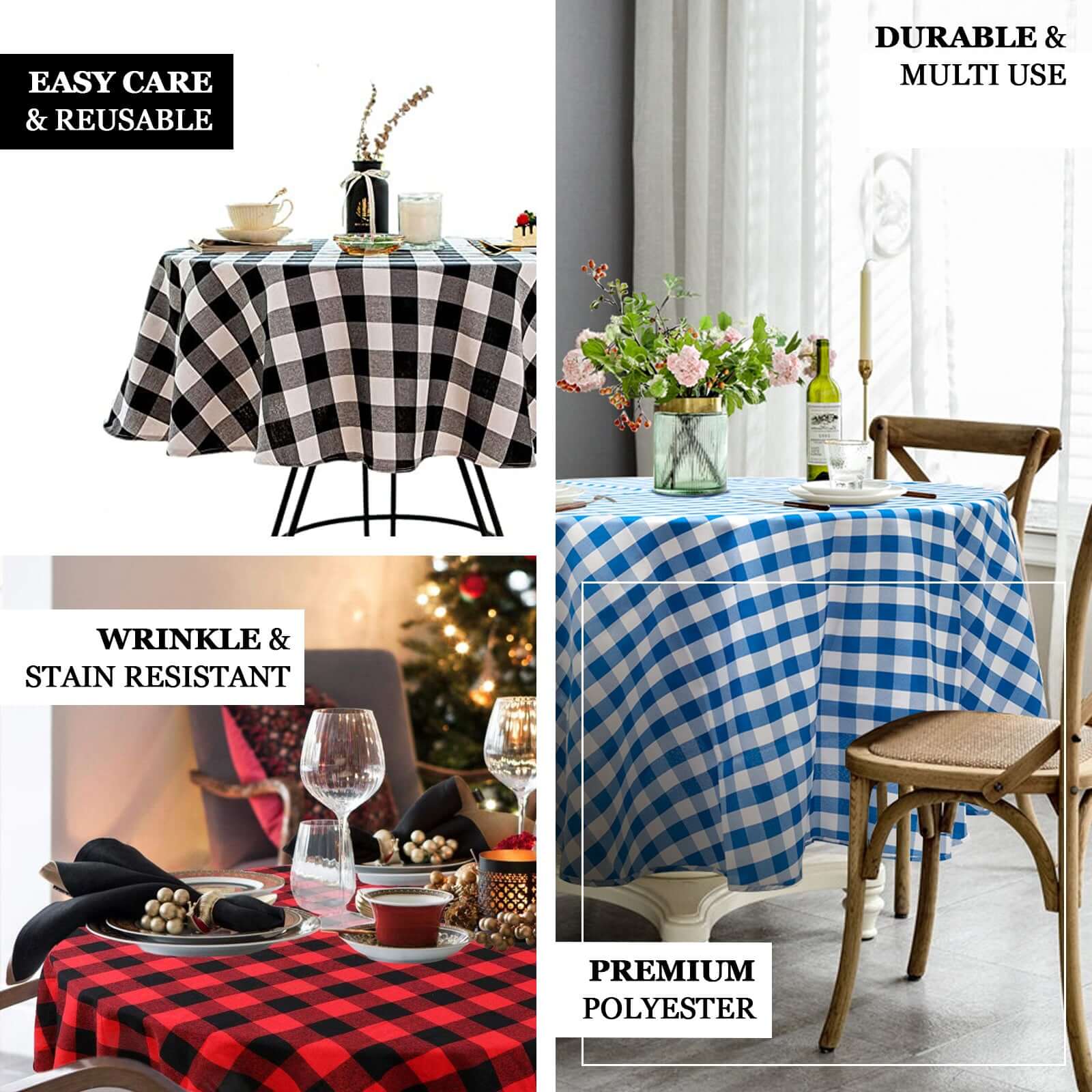 108" Black Red Buffalo Plaid Round Tablecloth, Checkered Gingham Polyester Tablecloth