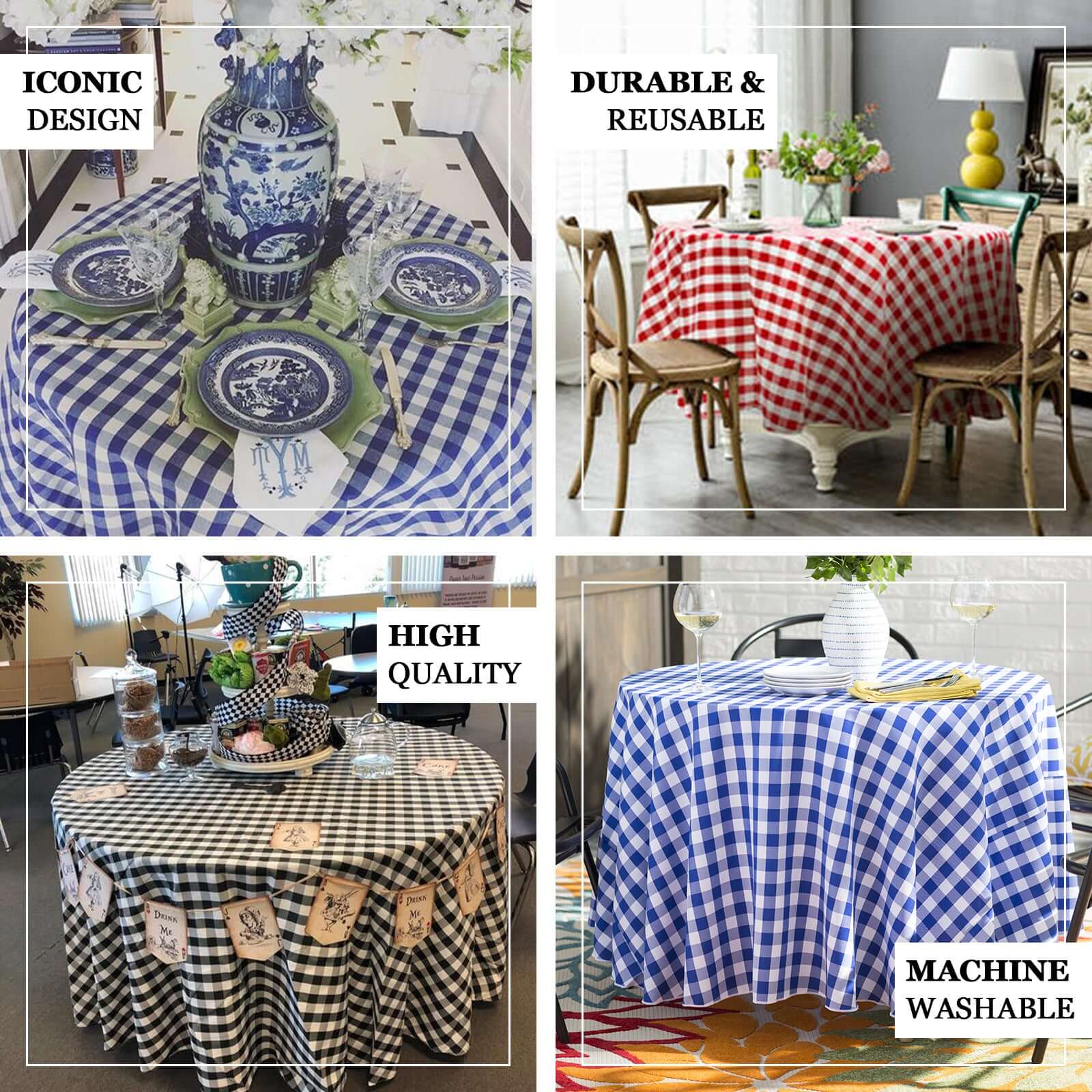 Polyester 120" Round Tablecloth White/Green Seamless - Checkered Buffalo Plaid Table Cover