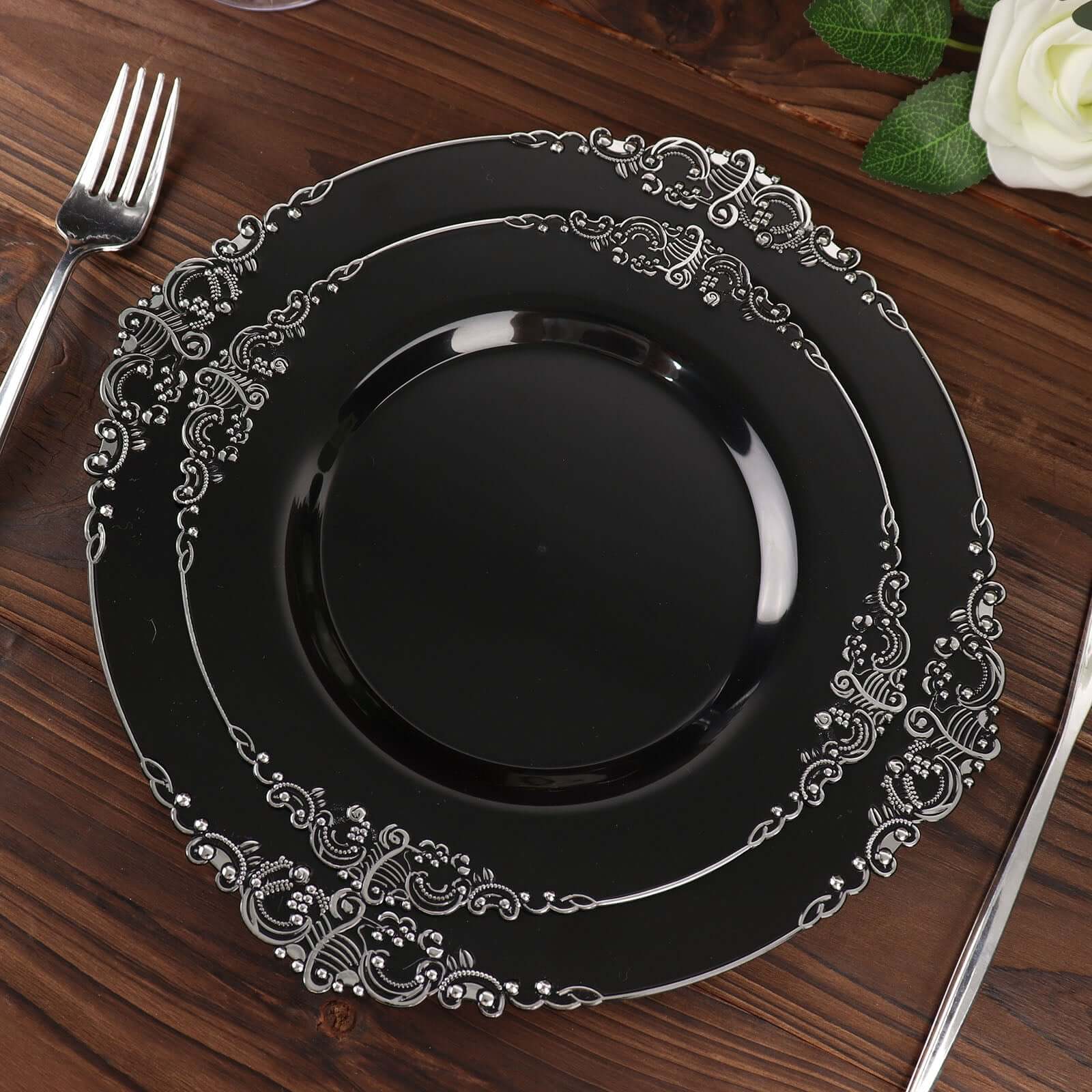 10-Pack Plastic 8" Round Dessert Plates in Black with Silver Leaf Embossed Rim - Disposable Vintage Baroque Style Salad Plates