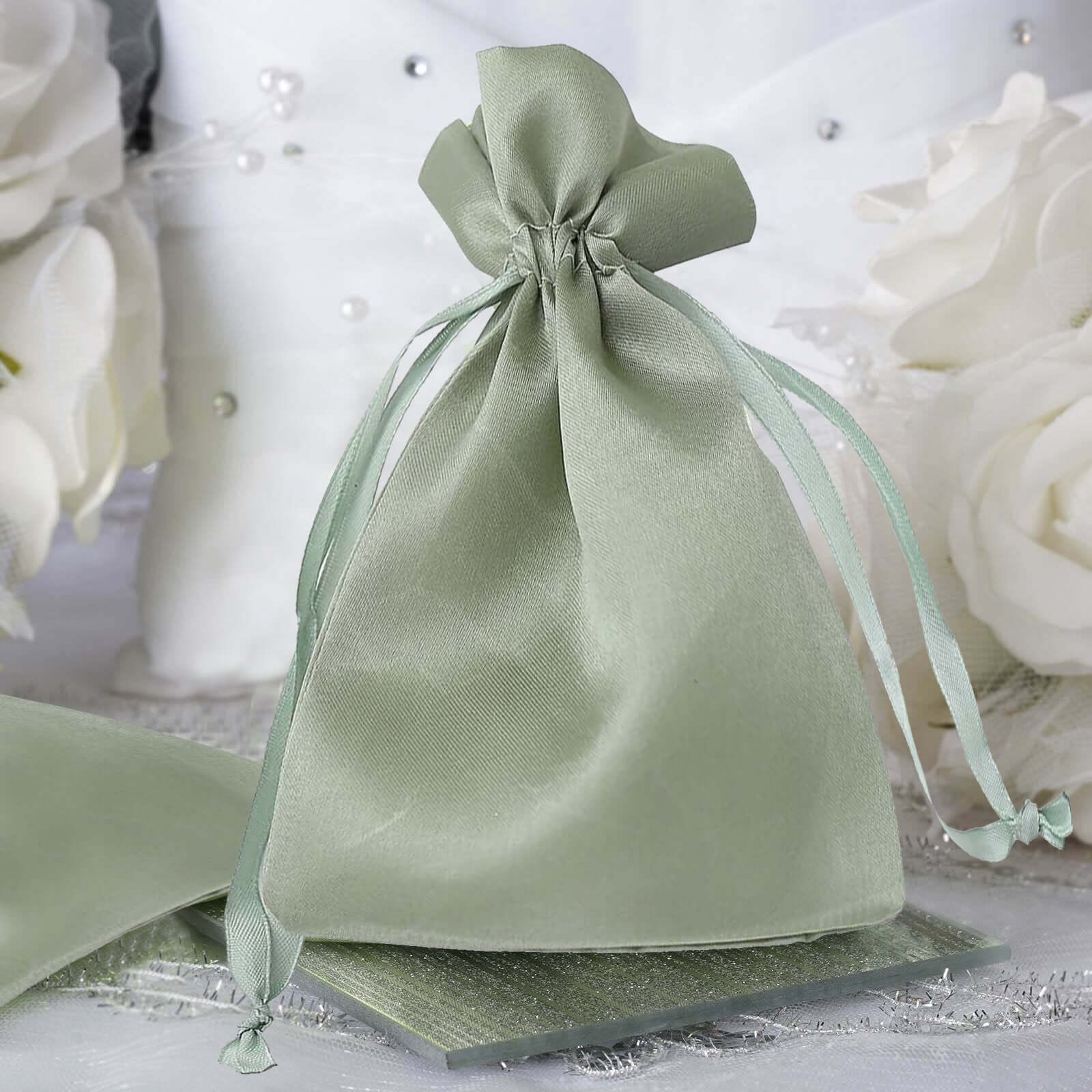 12 Pack 6"x9" Sage Green Satin Wedding Party Favor Bags, Drawstring Pouch Gift Bags