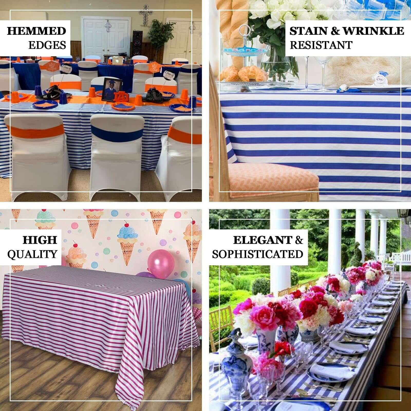 90"x156" White Champagne Seamless Stripe Satin Rectangle Tablecloth for 8 Foot Table With Floor-Length Drop