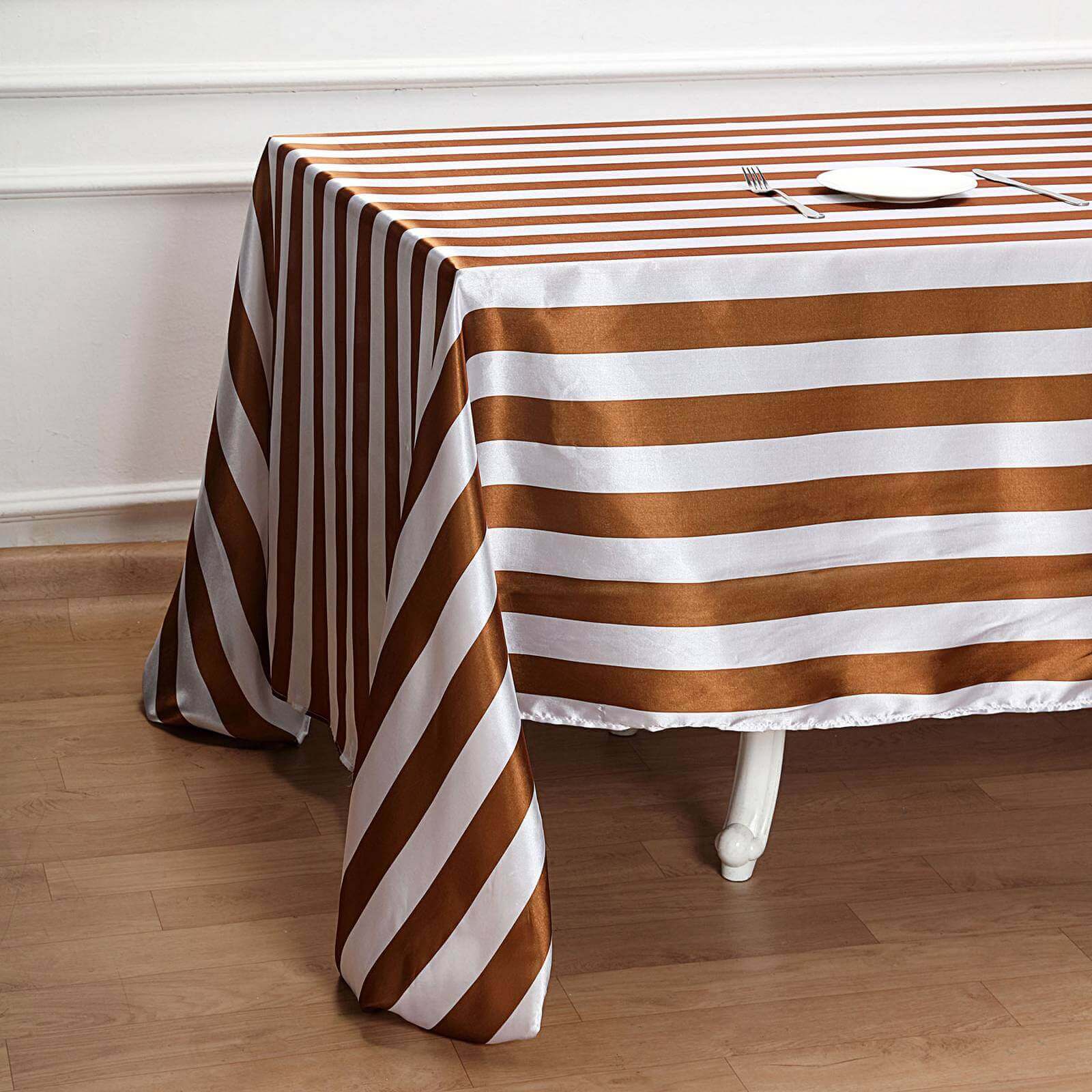 Satin 90"x156" Rectangle Tablecloth Gold/White - Stripe Design with Seamless Finish Table Cover