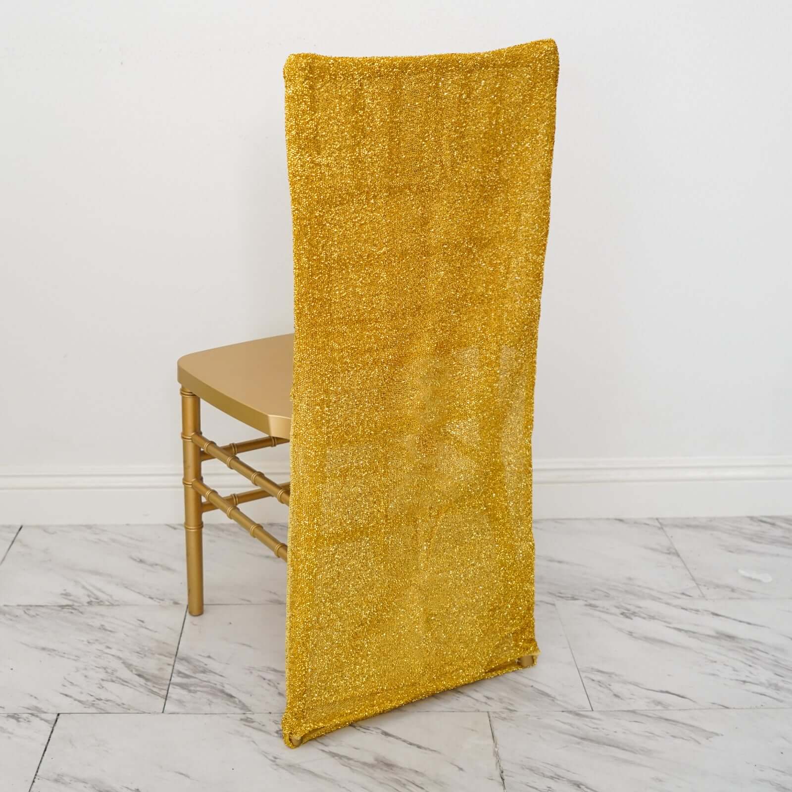 Stretch Spandex Chair Back Slipcover with Metallic Shimmer Tinsel Gold - Durable Chiavari Chair Back Cover for Glamorous Event Settings