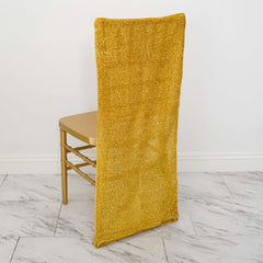 Stretch Spandex Chair Back Slipcover with Metallic Shimmer Tinsel Gold - Durable Chiavari Chair Back Cover for Glamorous Event Settings