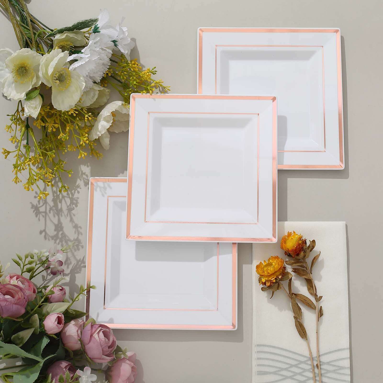 10-Pack Plastic Salad Dessert Plates White Square with Rose Gold Trim - Durable Disposable Appetizer Plates 7"