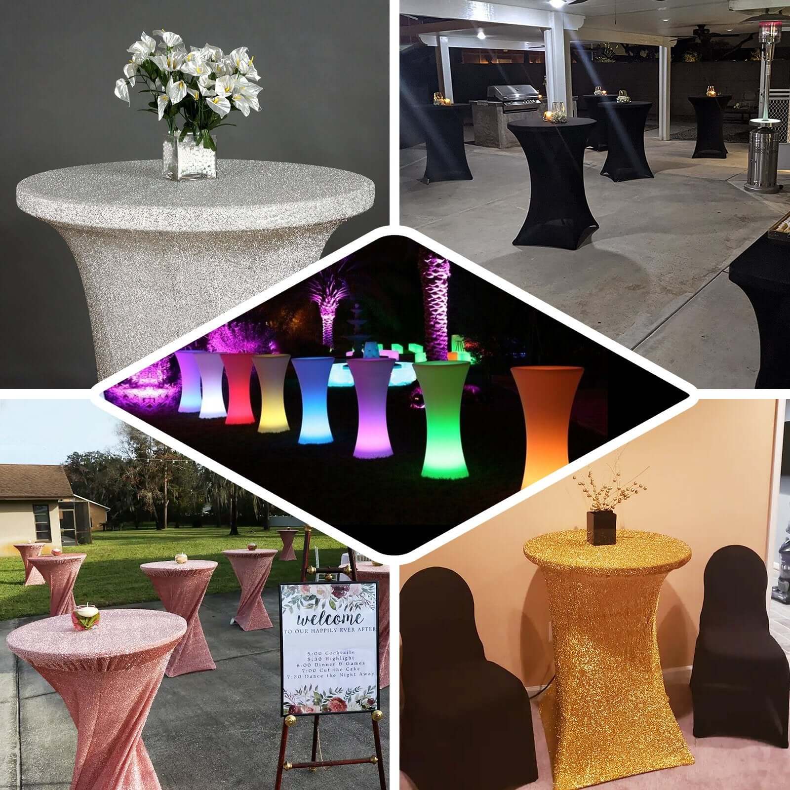 Metallic Spandex 36" Fitted Glitter Round Cocktail Table Cover Silver - Stretch Fit for High Top Tables