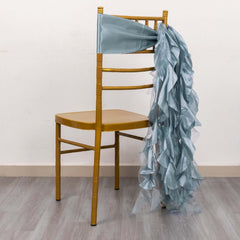 5 Pack Chiffon Satin Chair Sashes Dusty Blue - Easy to Install Ruffled Curly Willow