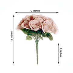 12" Dusty Rose Artificial Velvet-Like Fabric Rose Flower Bouquet Bush