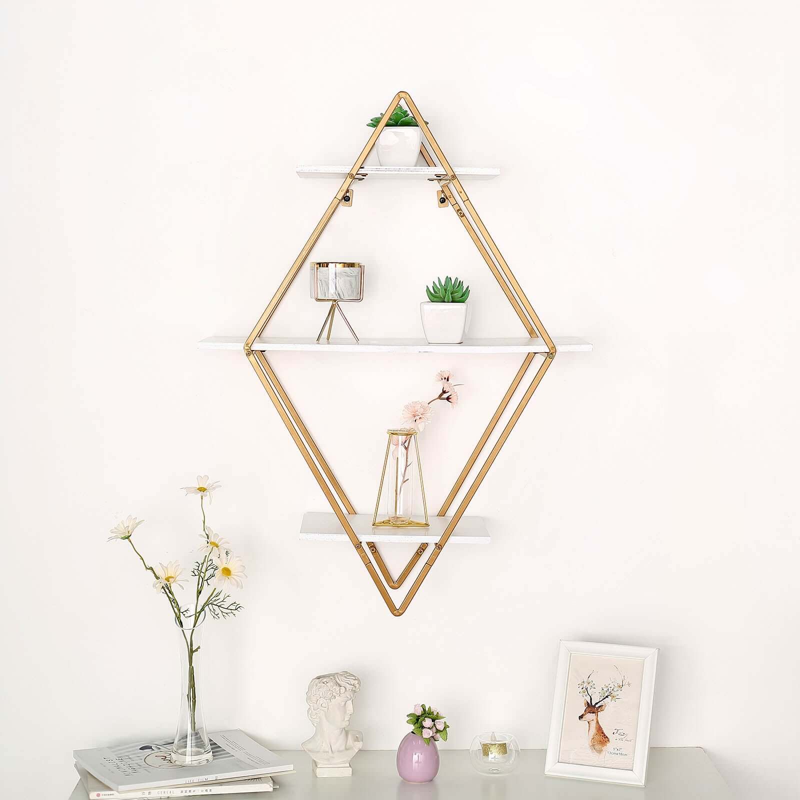 31" Geometric Diamond Shaped 3-Tier Gold Metal Dessert Cupcake Stand Rack, Wall Hanging Display Shelf Display, Book Shelf With White Wood Panels