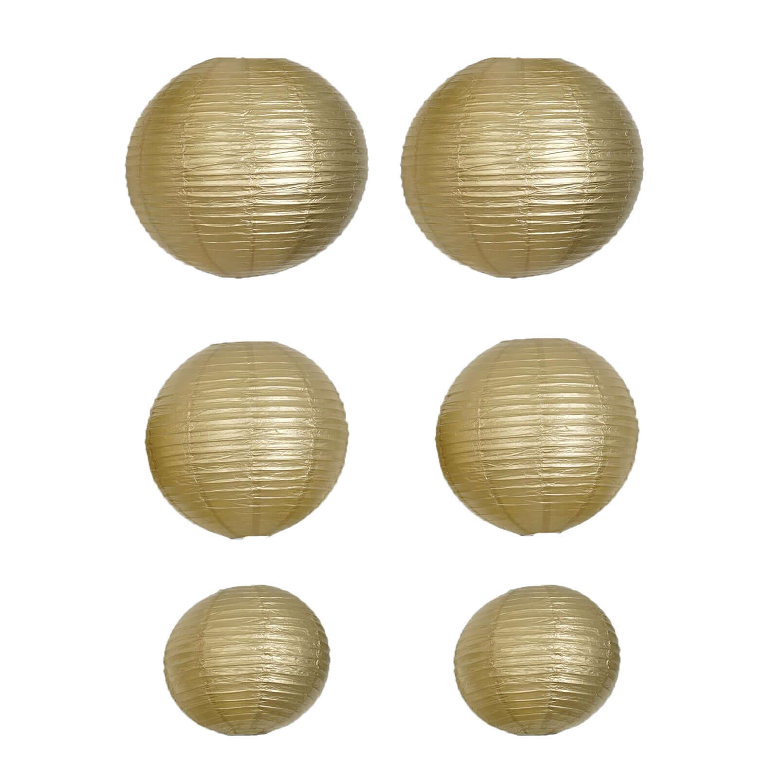 Set of 6 Gold Hanging Paper Lanterns, Chinese Sky Lanterns, Assorted Sizes - 16", 20", 24"