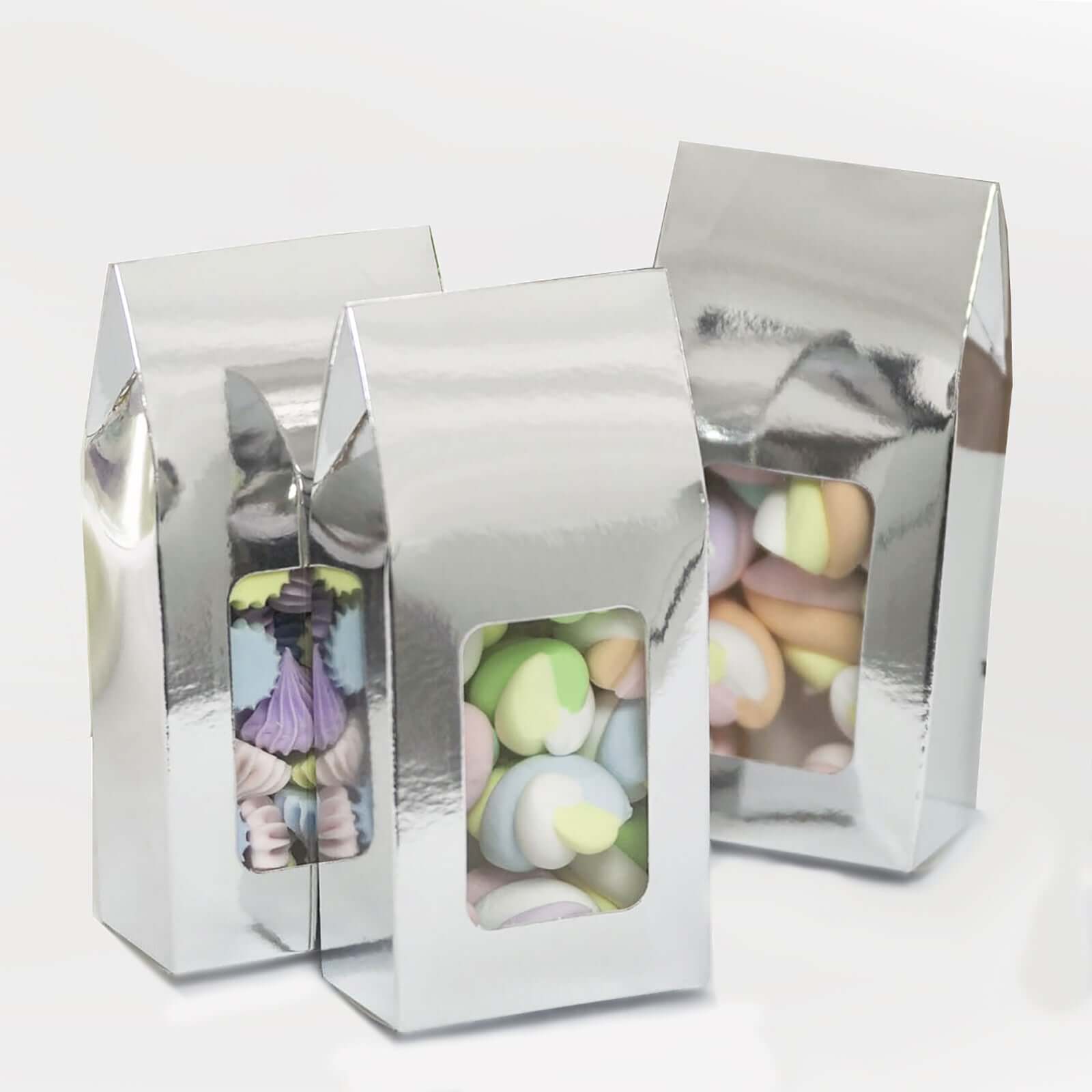25 Pack Silver Tote With Window Party Favor Candy Gift Boxes 2.75" X 1.5" X 6"