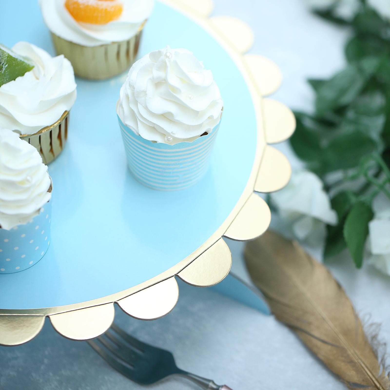 1-Tier Cardboard Cake Stand Light Blue - Stylish Reusable Cupcake Dessert Holder with Gold Scalloped Rim for Baby Showers Birthdays & Events 13"