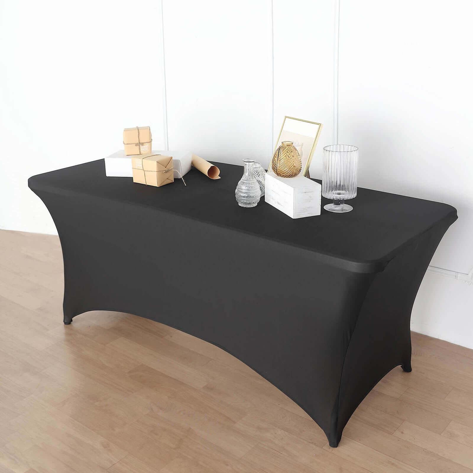 Stretch Spandex 72"x30" Rectangular Table Cover Black with Curved Open Back Design Tailored Professional Look