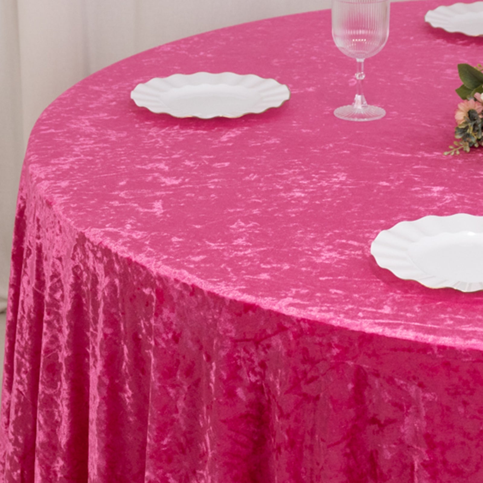 Premium Crushed Velvet 120" Round Tablecloth Fuchsia - Reusable Soft & Stylish Seamless Table Cover