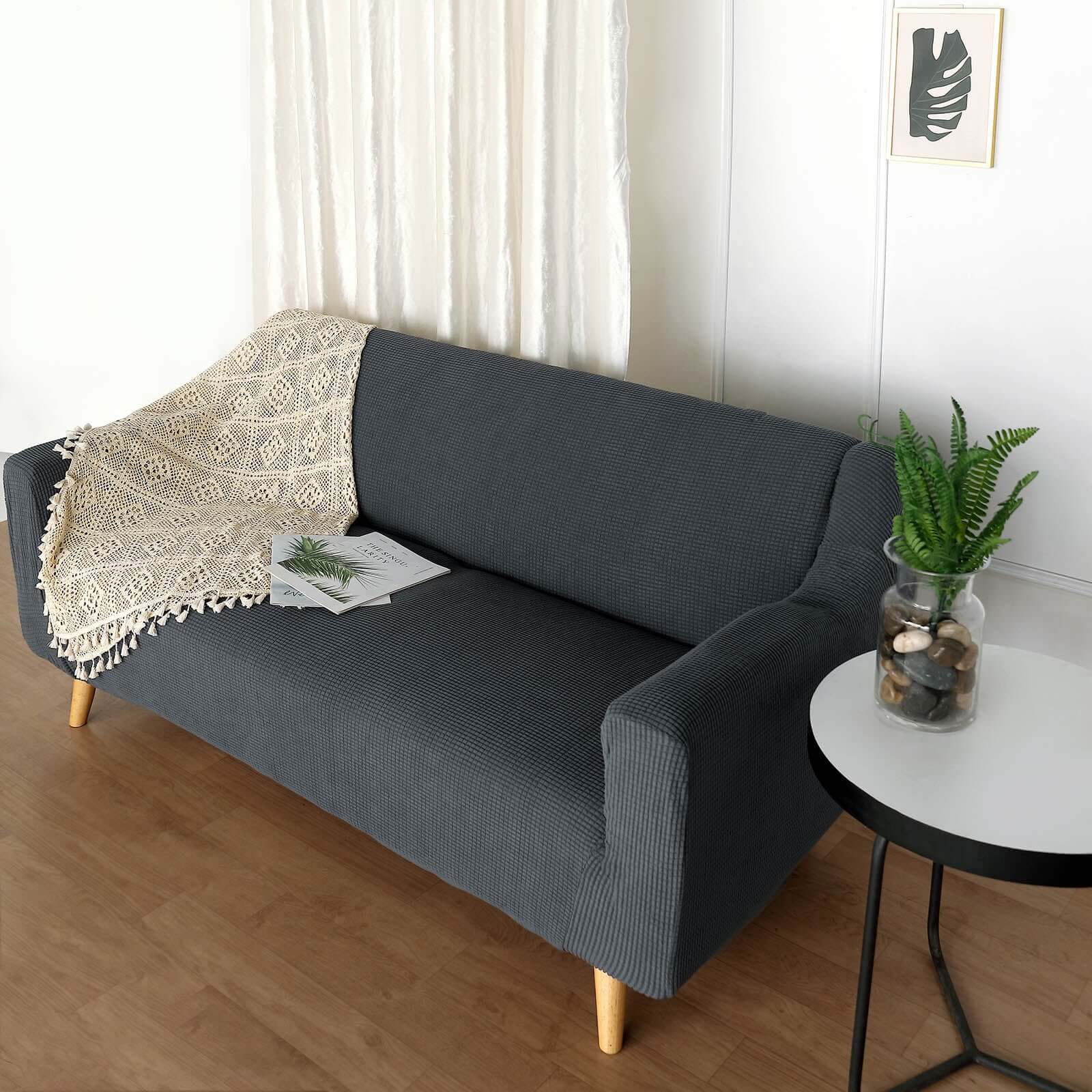 Spandex Slipcover with Jacquard Style for Loveseat Sofa Charcoal Gray - 1-Piece Easy Fit Fitted Design