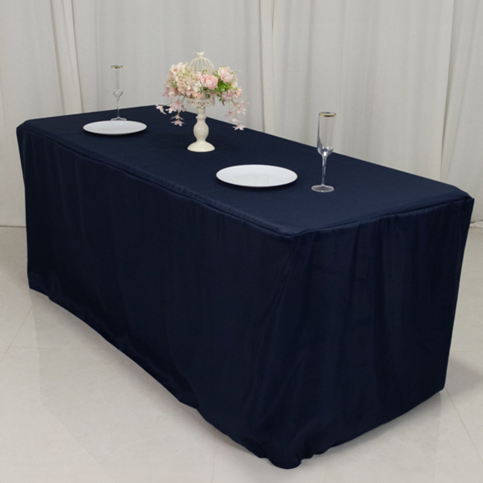 Fitted Polyester 72"x30" Rectangle Tablecloth Navy Blue with Open Back Design - Easy to Maintain and Wrinkle-Resistant Table Cover