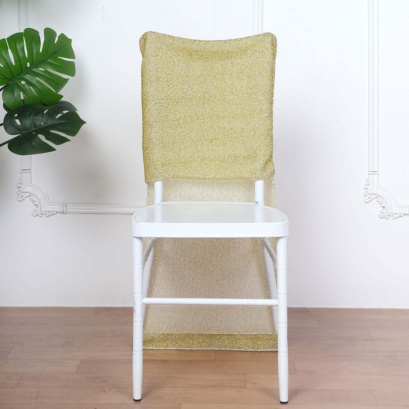 Stretch Spandex Chair Back Slipcover with Metallic Shimmer Tinsel Champagne - Durable Chiavari Chair Back Cover