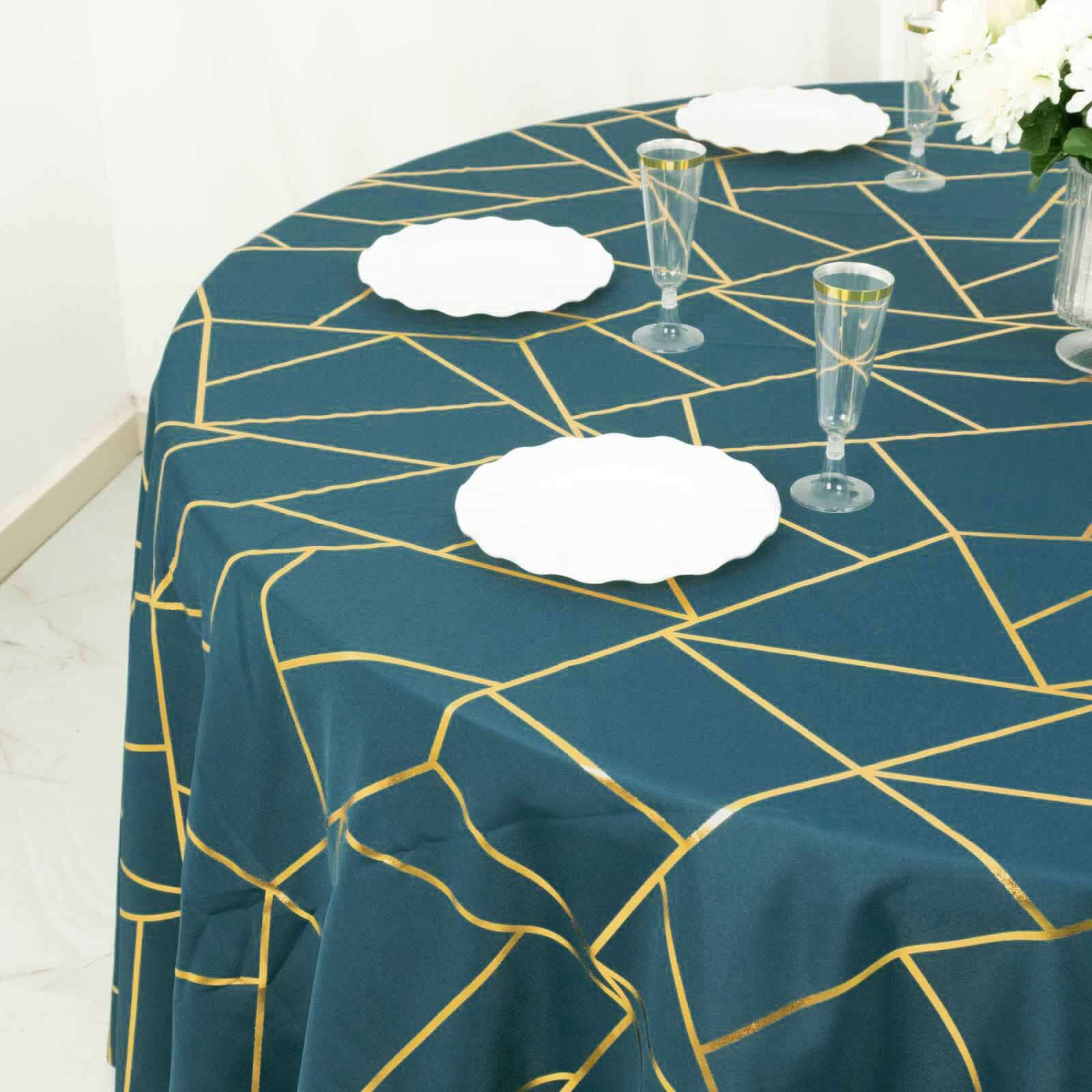 120" Peacock Teal Seamless Round Polyester Tablecloth With Gold Foil Geometric Pattern for 5 Foot Table With Floor-Length Drop